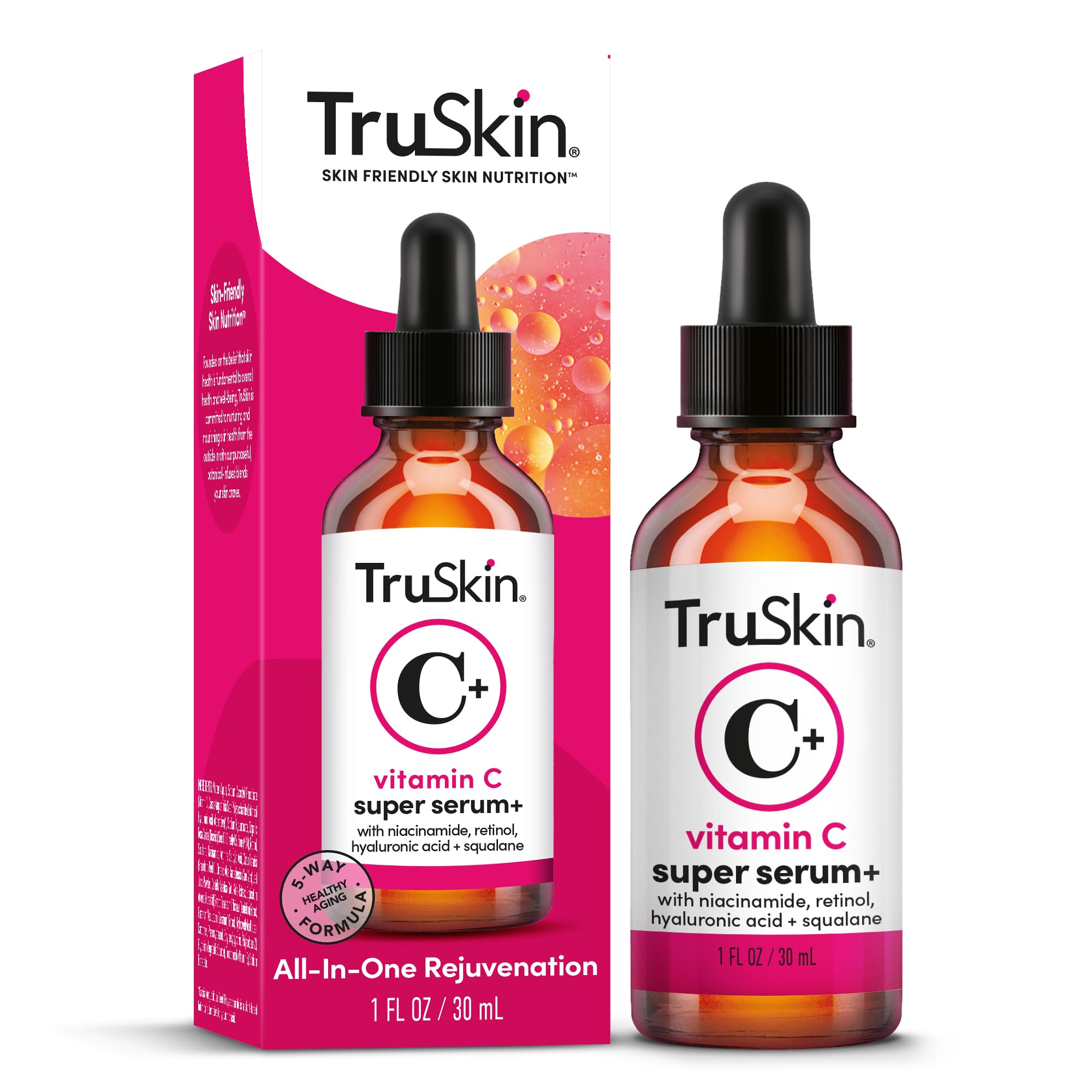 TruSkin Vitamin C Super Serum for Face - Five Skin Benefits in One Serum with Vitamin C, Retinol, Niacinamide, Hyaluronic Acid & Squalane - Brighten, Firm & Smooth the Look of Skin, 1 Fl Oz