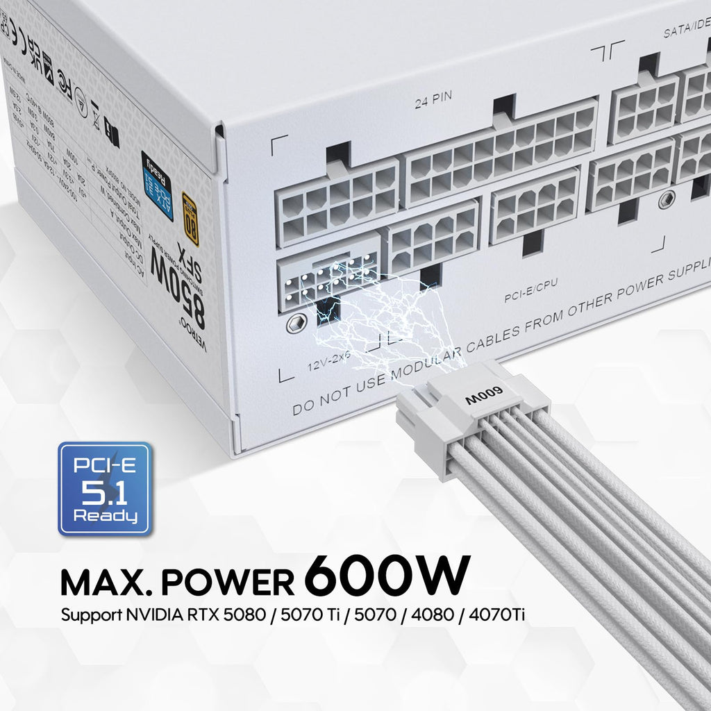 Vetroo 850W SFX Power Supply ATX 3.1 & PCIE 5.1 Ready, 80 Plus Gold Certificate Fully Modular, 90mm FDB Fan for Low-Noise Operation, SFX-to-ATX Bracket, 10-Year Warranty - White