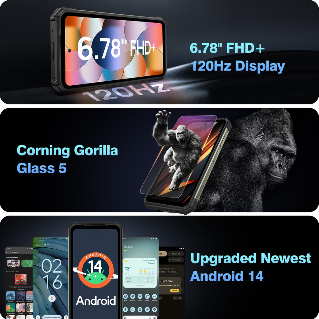 Ulefone Armor 24 22000mAh Mega Battery Unlocked Rugged Phone, Camping Light, 24GB RAM +256GB ROM, 6.78" FHD+120Hz Screen, 64MP Main Camera + 64MP Night Vision Camera, Android 14 Rugged Smartphone NFC