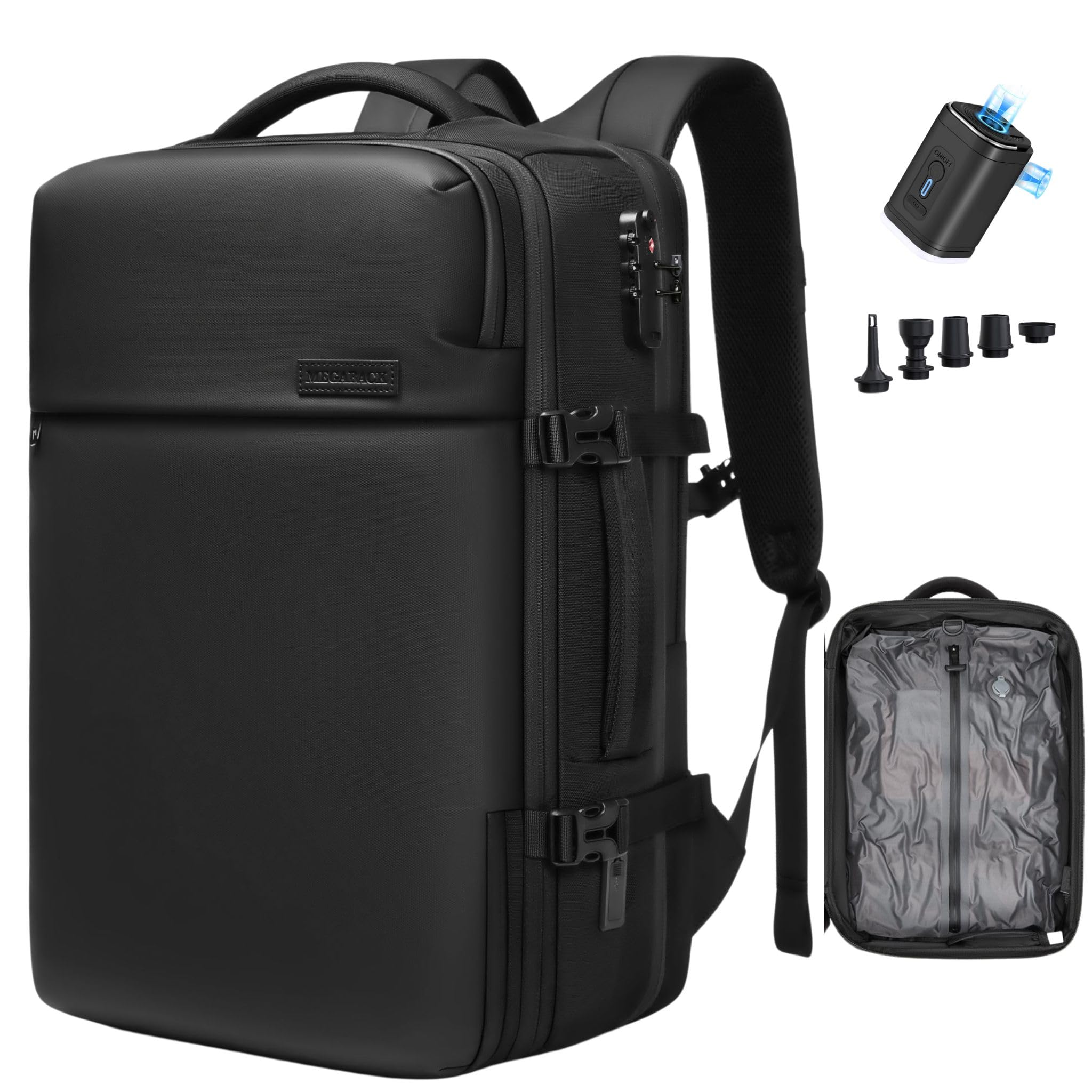 MEGABACK Vacuum Travel Backpack, 70L Expandable Air Vacuum Backpack for Travel, Vacpack Travel Vacuum Bags with Pump, TSA Lock, USB Charging Port, Waterproof