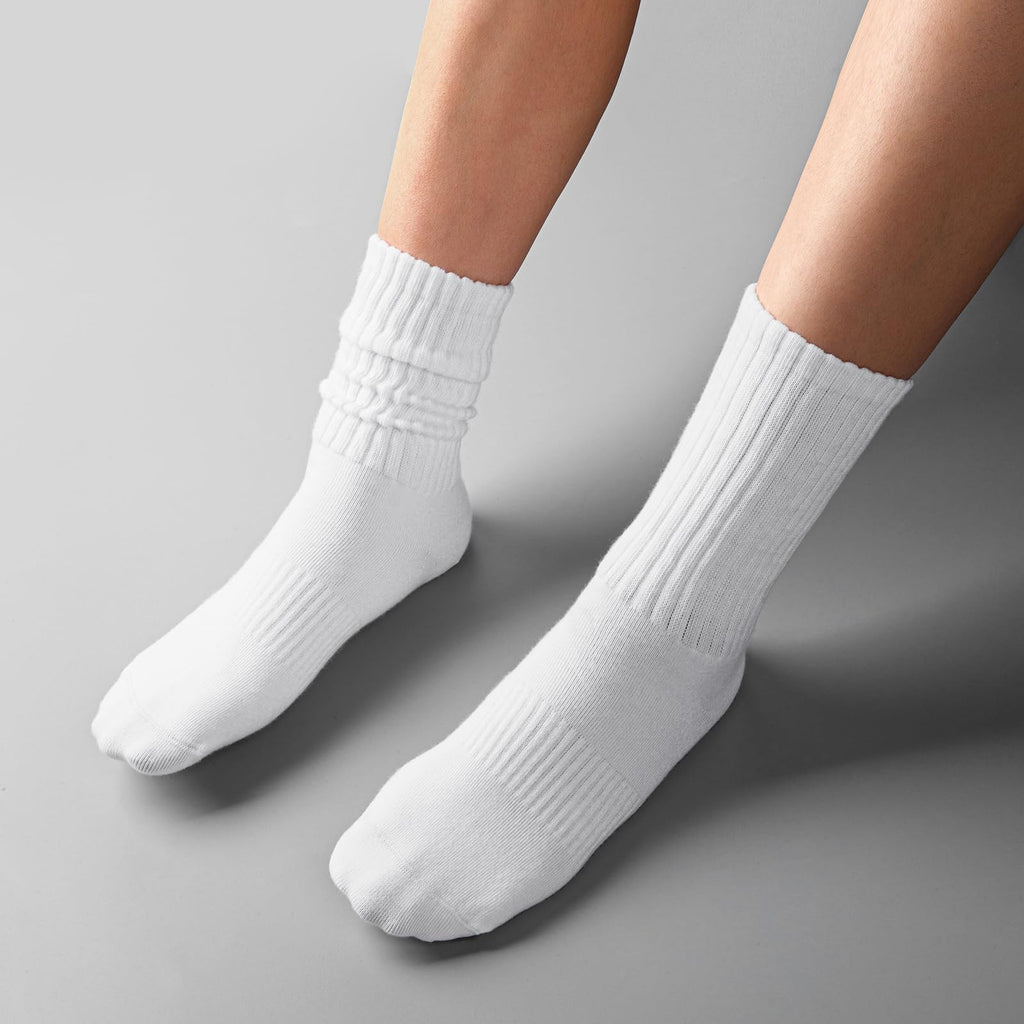 COZYOFFI Womens Scrunch Crew Socks: Retro Solid Slouch Mid Calf Socks - Cotton Casual Athletic Socks White