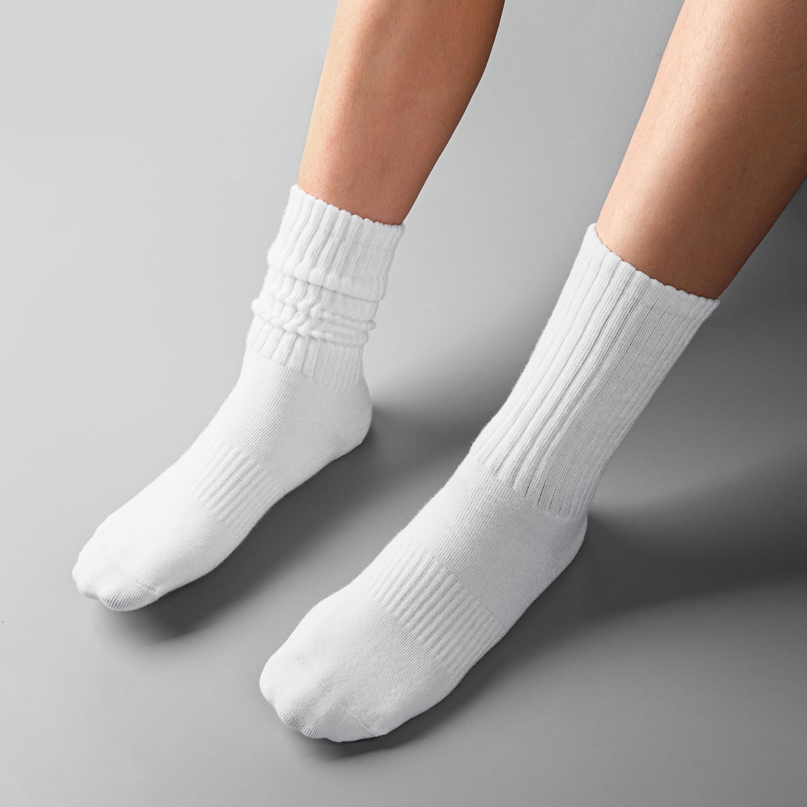 COZYOFFI Womens Scrunch Crew Socks: Retro Solid Slouch Mid Calf Socks - Cotton Casual Athletic Socks White