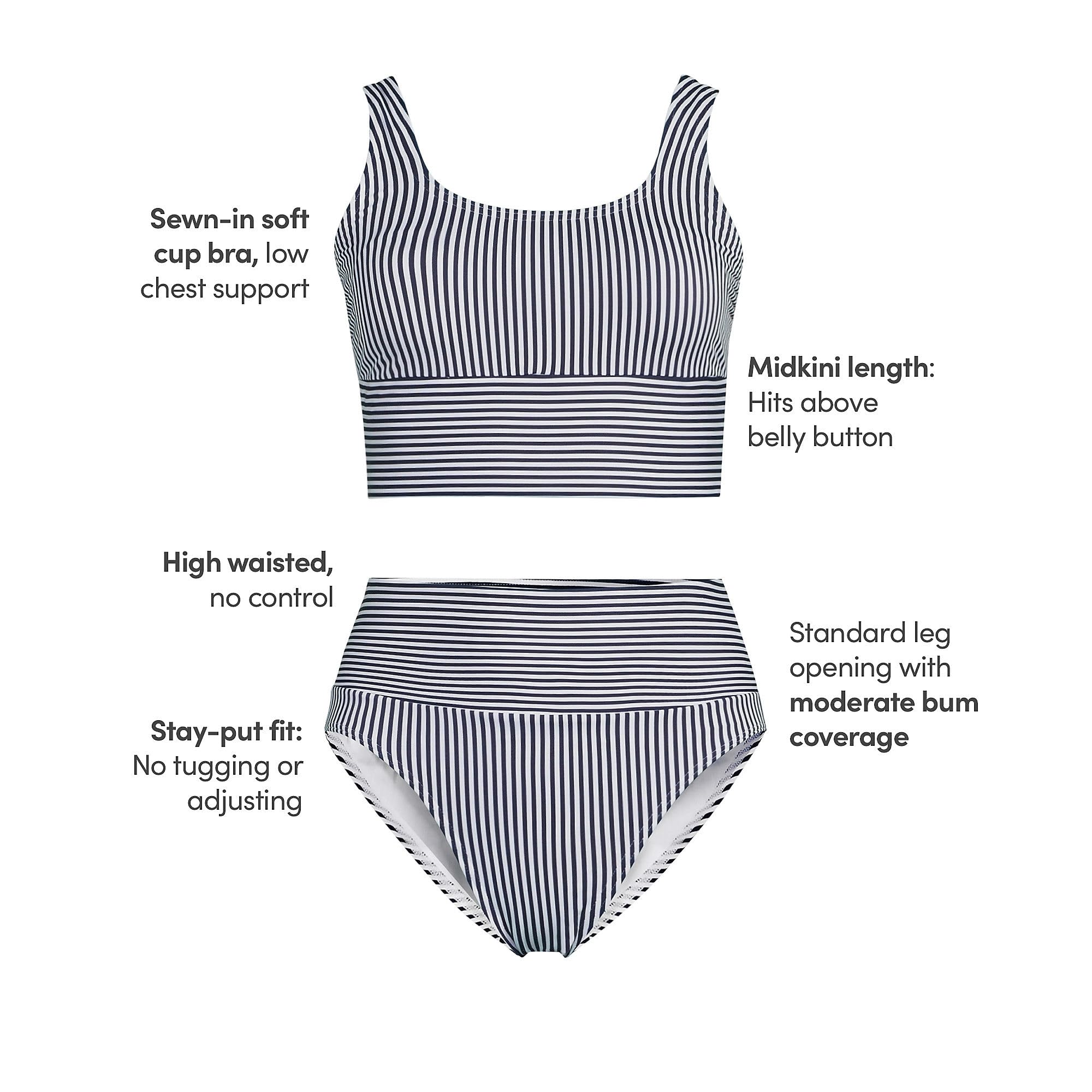 Lands' End Women's Tugless Midkini Top and High Waisted Bottom Swimsuit Set X-Small Deep Sea Navy Mini Stripe