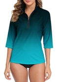 Halcurt Women's 3/4 Sleeve Rash Guard Swimsuit Top High Neck Half Zip Swim Shirt Only UPF50+ Quick Dry Bathing Suit Ombre M