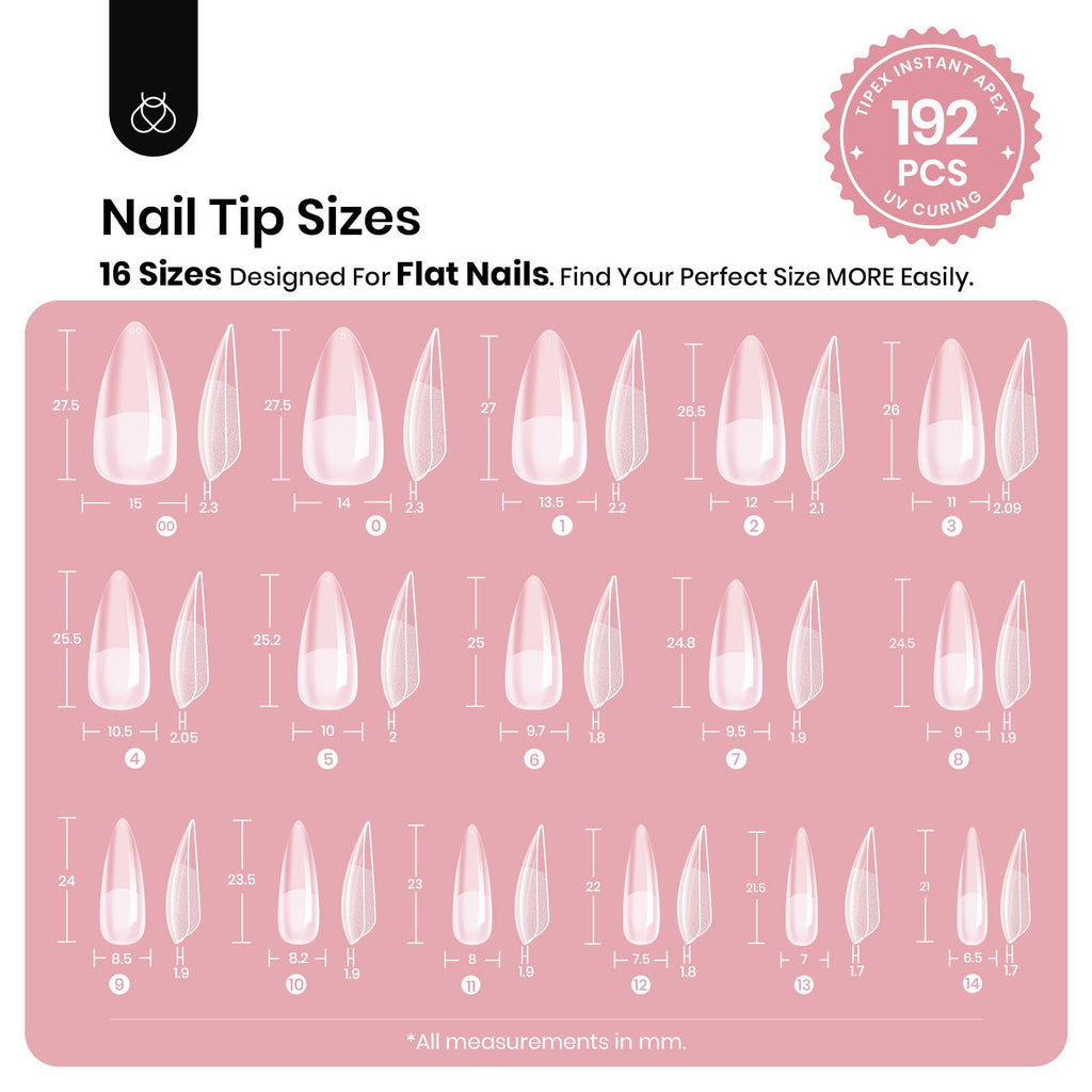 Beetles Tipex Instant Apex Nail Tips, Stiletto Medium, 192pcs 16 Sizes, Pre-Building Pre-Etched Strong Thicker Strong Acrylic Tips