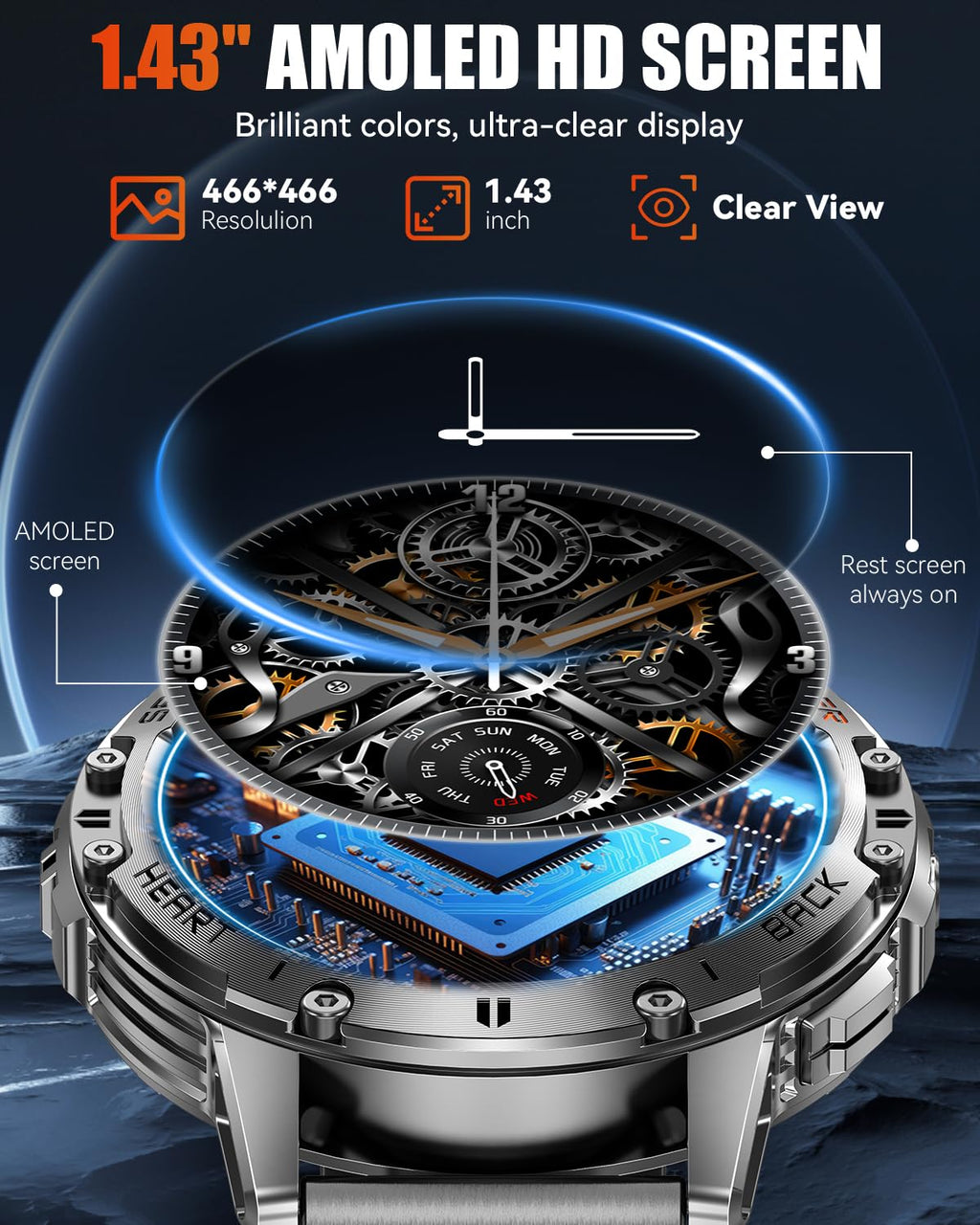 PODOEIL 1.43" AMOLED Smart Watch for Men with Flashlight, Bluetooth Calling, 110+ Sports Modes, IP68 Waterproof Fitness Tracker with 530mAh Battery, Heart Rate/SpO2/Sleep Monitor, Android & iOS