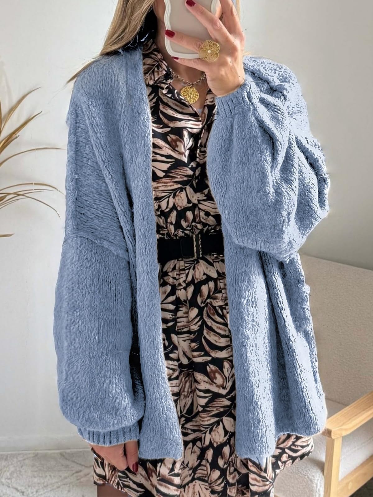 BKBEY Womens Oversized Cardigan Sweaters 2025 Fall Soft Puff Sleeve Cozy Open Front Chunky Sweater Blue