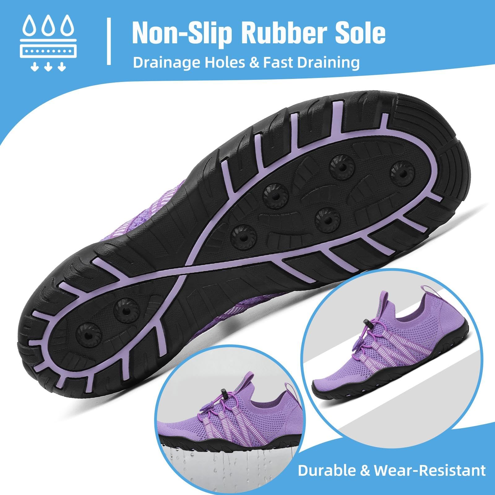 Mishansha Water Shoes for Women Men, Quick-Dry Barefoot Swim Shoes with Drainage Holes, Lightweight Aqua Shoe for Beach Pool River Boating Yoga Walking 8 Women/6.5 Men Light Purple