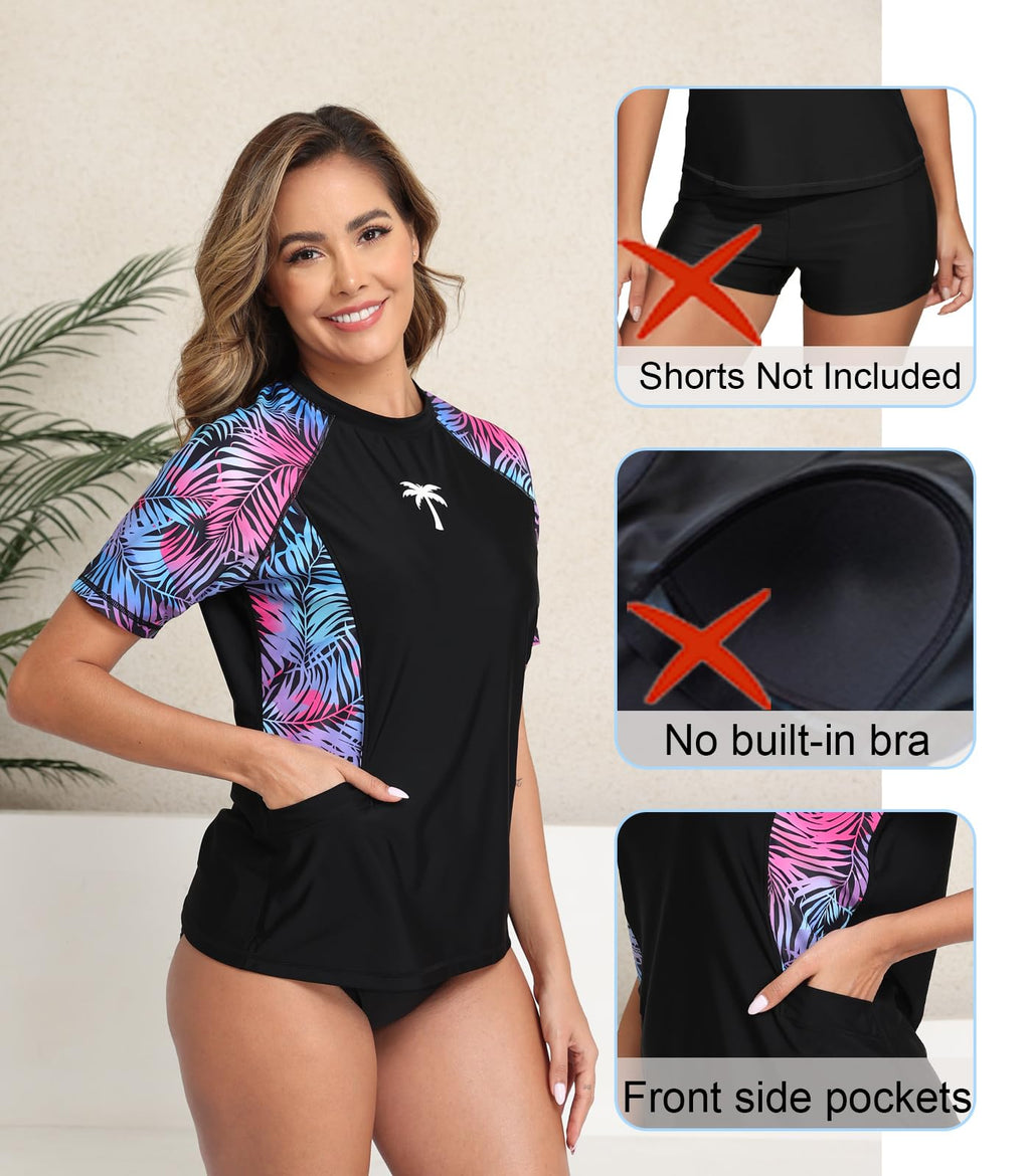 Halcurt Women's Short Sleeve Rash Guard Swimsuit Top with Pocket Swim Shirt Only UPF50+ Quick Dry Bathing Suit Palm M