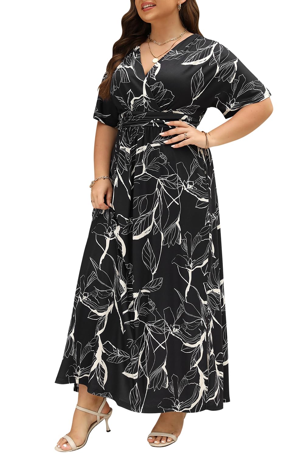 Keluummi Plus Size Maxi Dress for Women Floral Empire Waist V-Neck 3/4 Sleeve with Pockets(18 Plus, 01 - Black Floral)