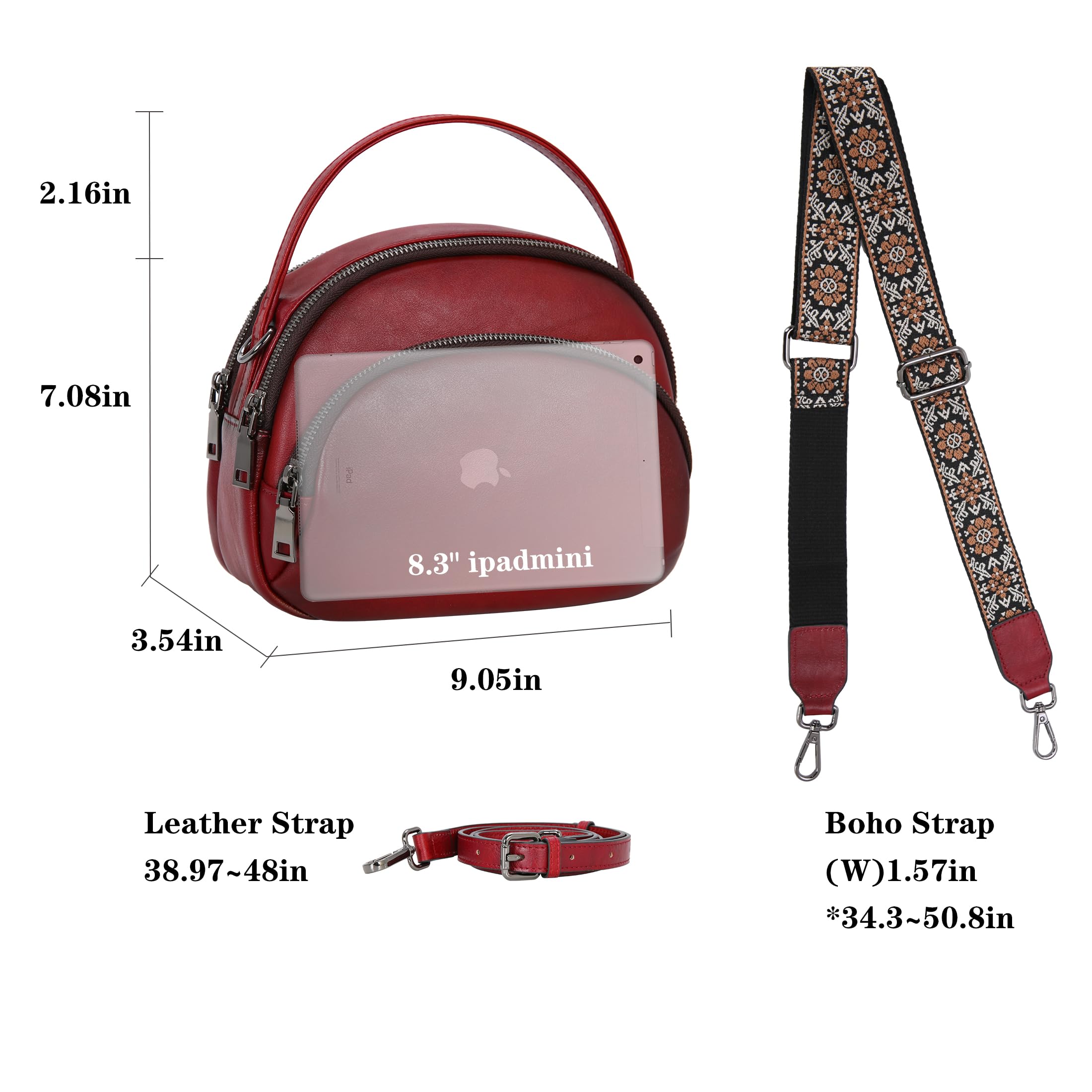 HESHE Genuine Leather Crossbody Bags Leather Purses for Women Vintage Small Shoulder Handbags with Multi-Pockets (Wine)