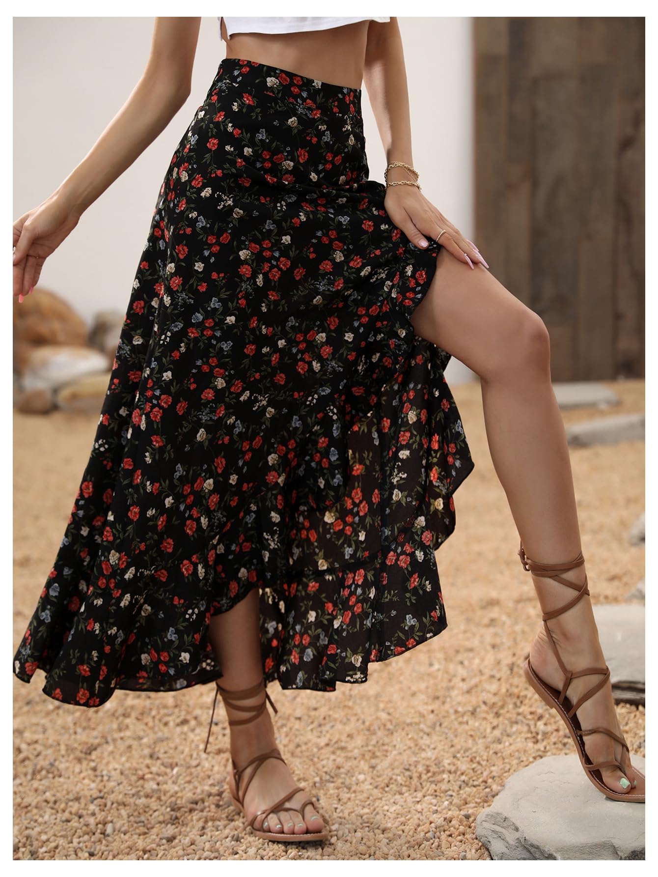 WDIRARA Women's Boho Floral Print Ruffle Maxi Skirt High Waisted Split Long Skirts Multicolor X-Large