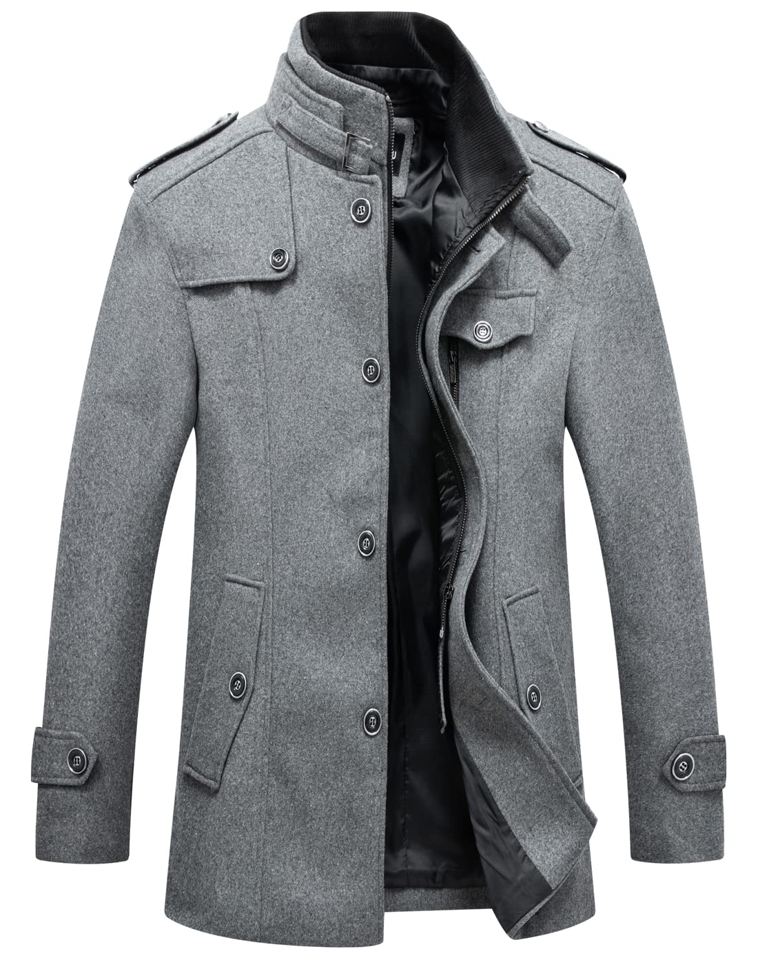 chouyatou Men's Winter Stylish Wool Blend Single Breasted Military Peacoat (Medium, Solid-Grey)