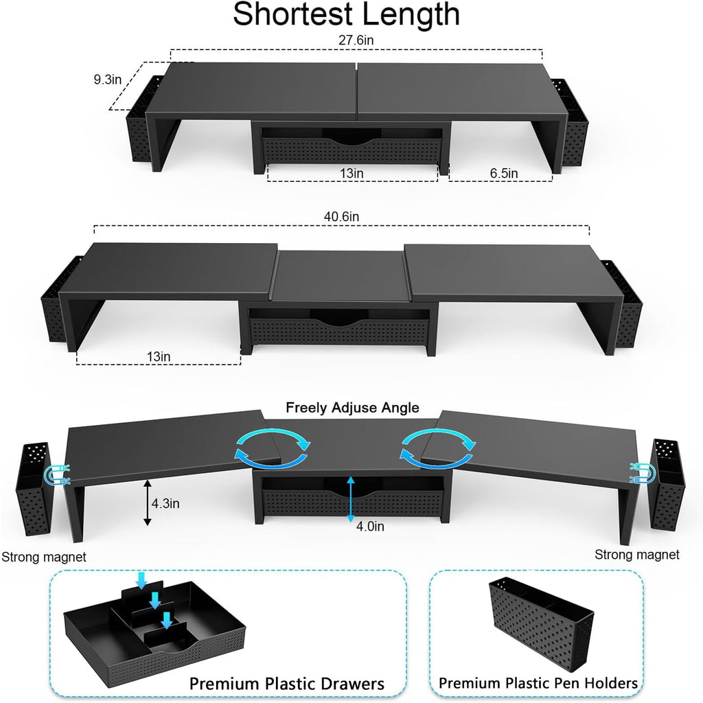 gianotter Dual Monitor Stand Riser, Desk Organizer With Drawer and 2 Pen Holders, Computer Monitor Stand, Shelf for Top of Desk, Black