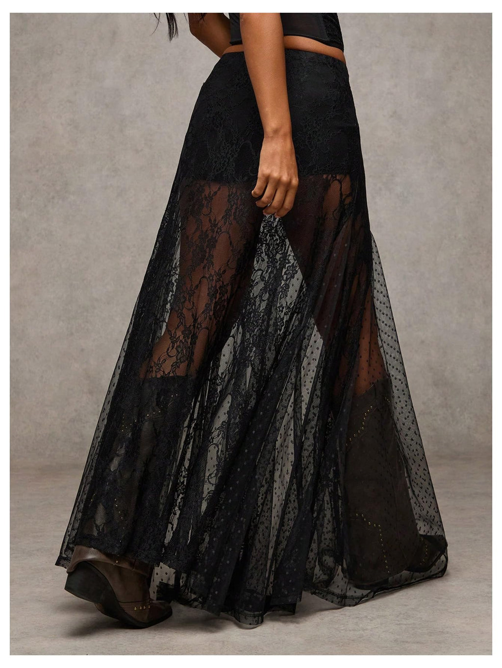 WDIRARA Women's Sexy See Through Sheer Lace Maxi Skirt Low Waist Ruffle Hem A Line Flowy Skirt Black XX-Small