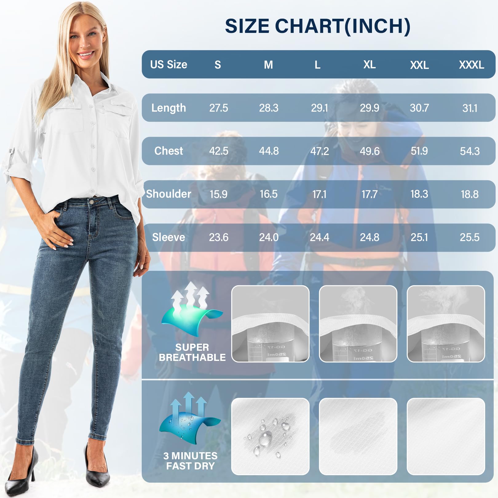 Womens Safari Shirts Long Sleeve Outdoor Sun Protection Quick Dry Fishing Hiking Shirts (5026 White XXL)