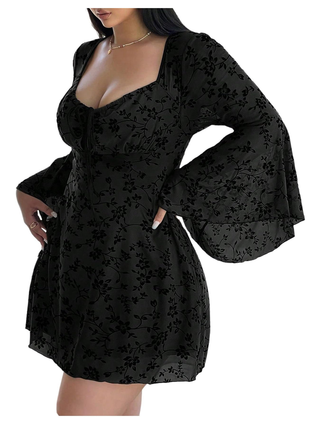 Floerns Women's Plus Size Floral Gothic Dress Flare Long Sleeve Mesh Grunge A Line Dress Black X-Large Plus