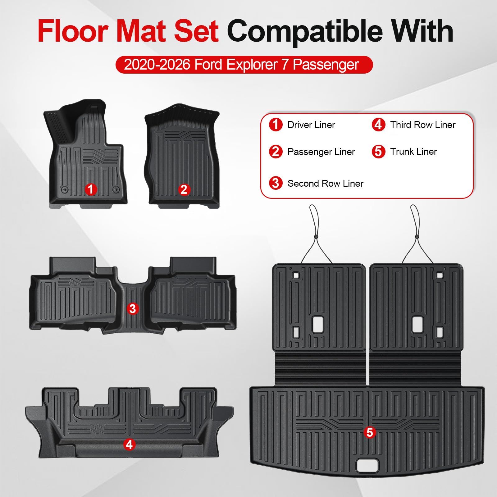 HOUCLEMIC Floor Mats for 2020-2025 2026 Ford Explorer 7 seat Accessories, Cargo Mat with Backrest Mat All Weather TPE Waterproof for Ford Explorer 7 Passenger Bench Seat ST Accessories 2025 2024 2023