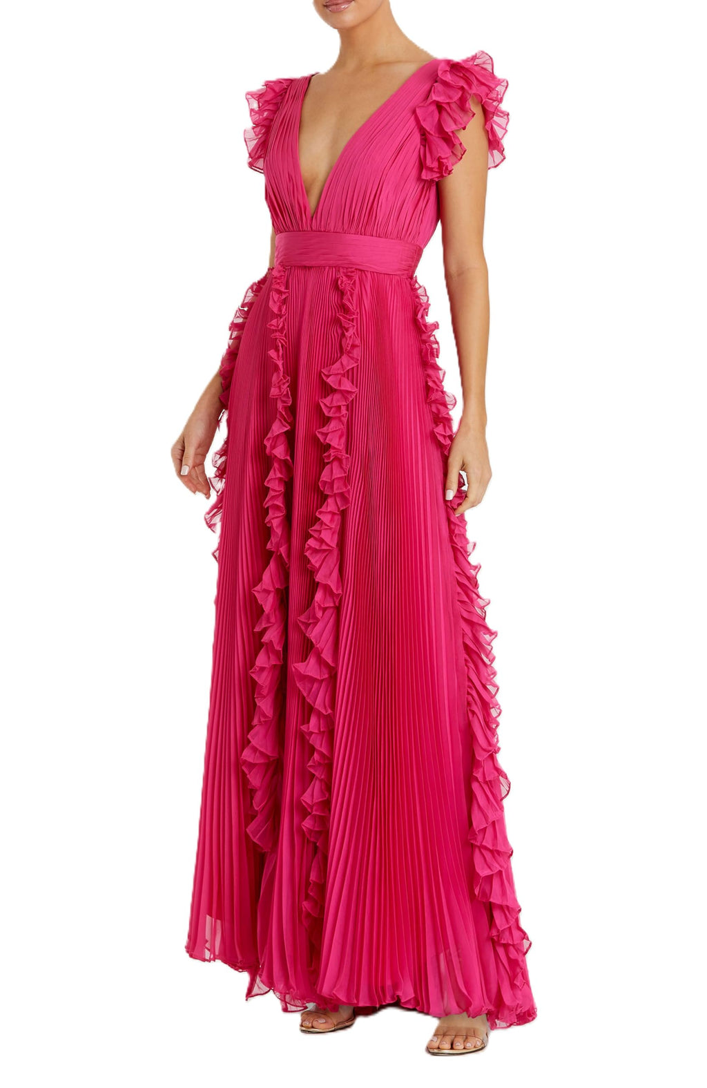 Mac Duggal Pleated Ruffle Cap Sleeve Flowy A Line Gown Fuchsia