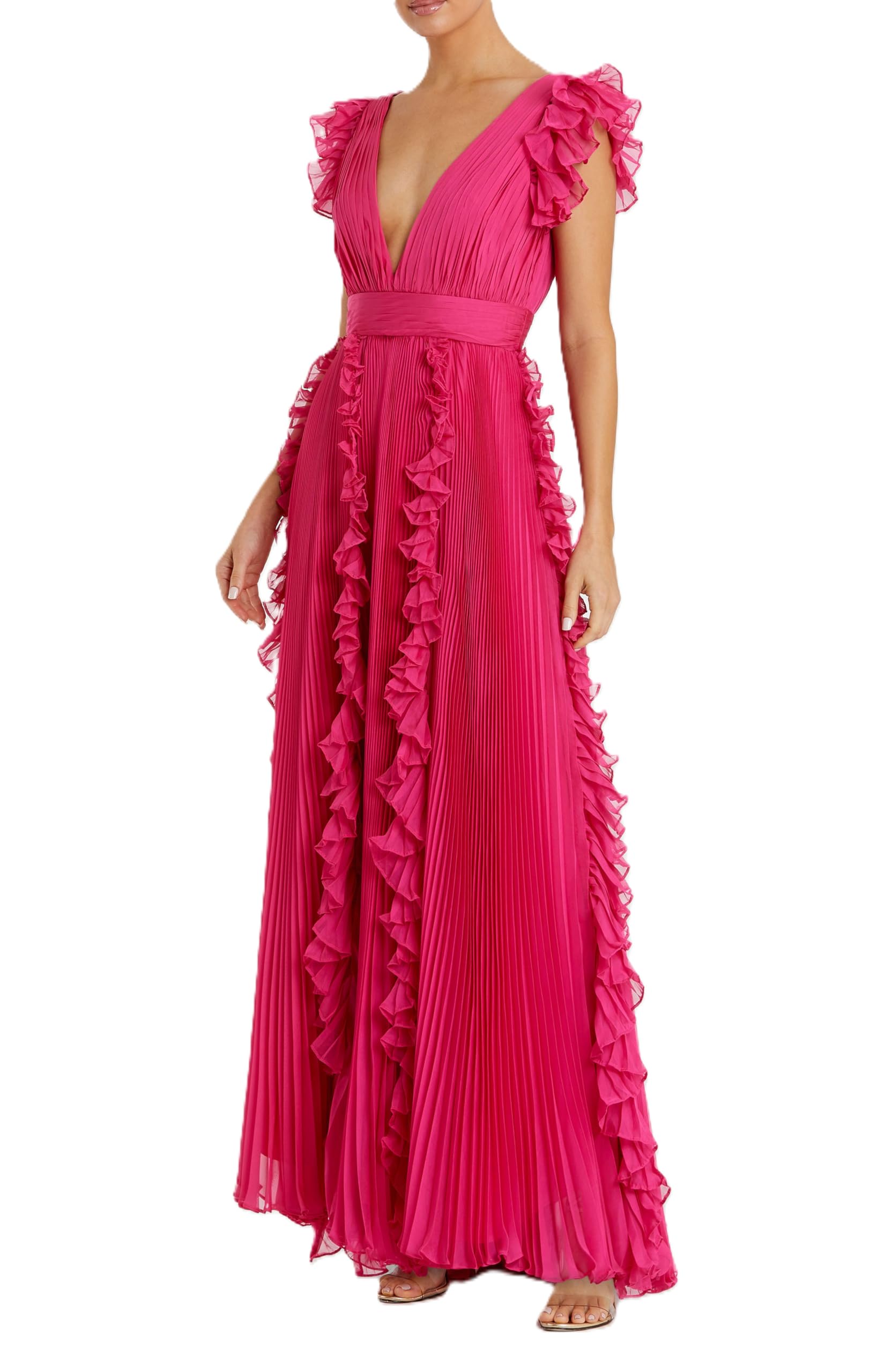 Mac Duggal Pleated Ruffle Cap Sleeve Flowy A Line Gown Fuchsia