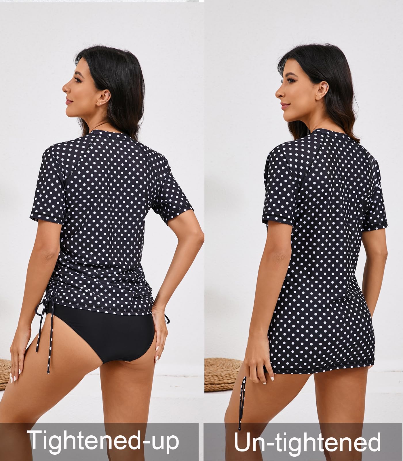 Halcurt Women's Short Sleeve Rash Guard Swim Shirt with Bra Half Zip Tie Drawstring UPF50+ Swimsuit Top Black Palka Dots 2XL