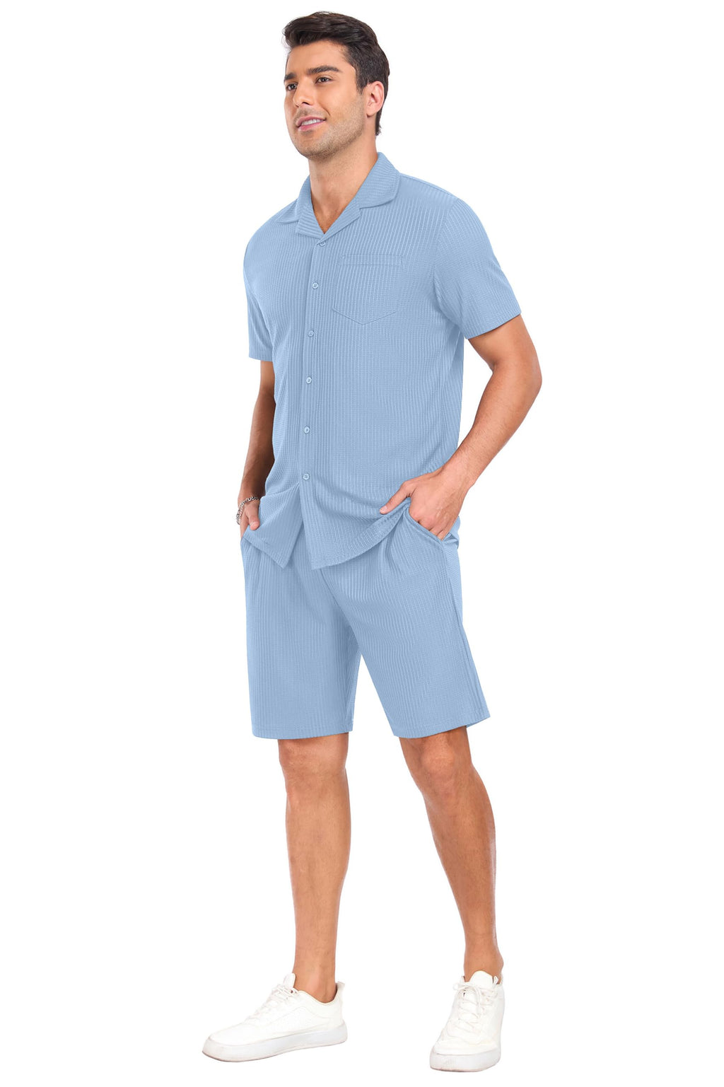 PrinStory Mens Short Sleeve Outfits 2 Piece Summer Beach Button Down Shirts and Shorts Set Tracksuit with Pockets Light Blue-S
