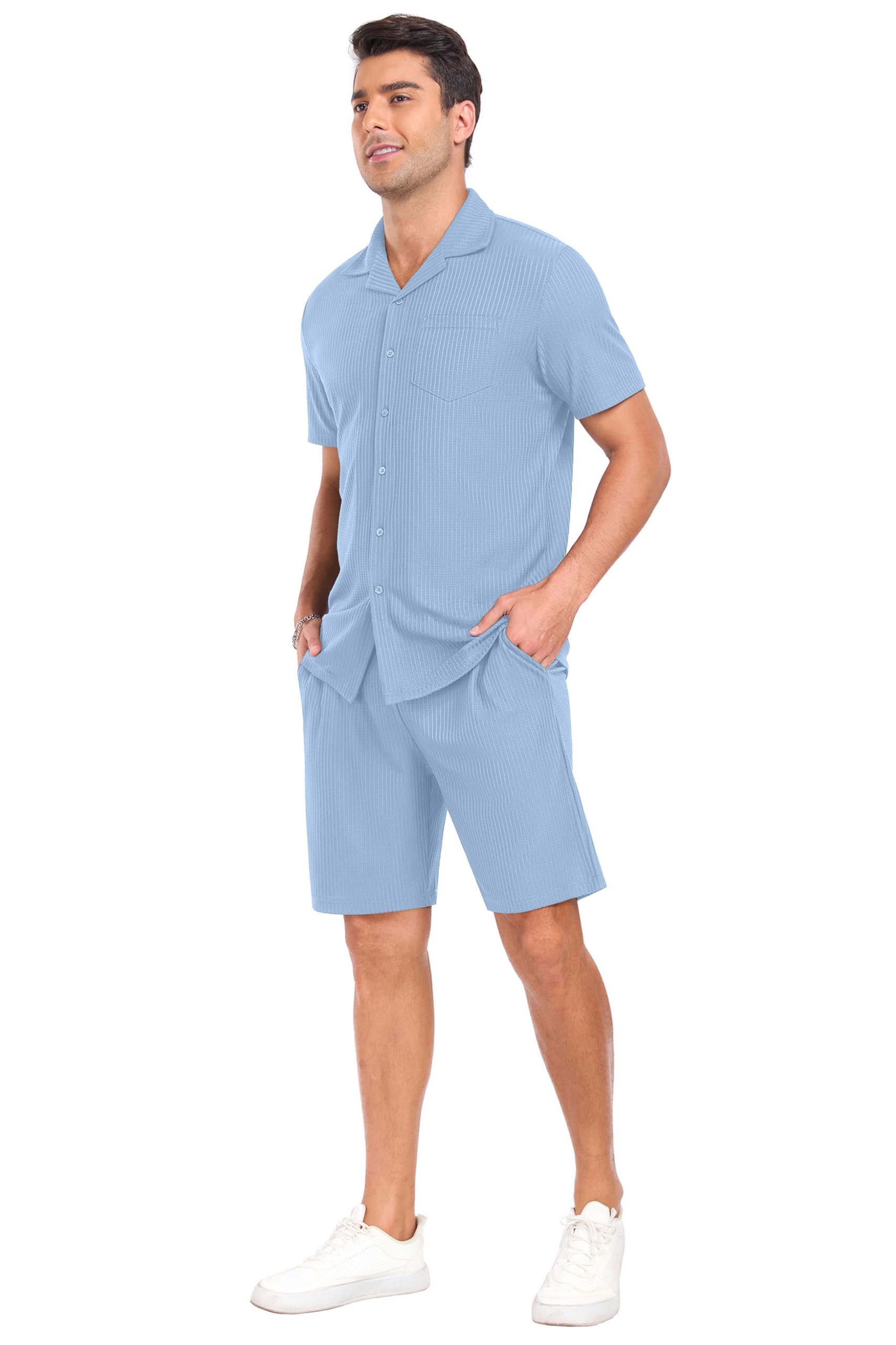 PrinStory Mens Short Sleeve Outfits 2 Piece Summer Beach Button Down Shirts and Shorts Set Tracksuit with Pockets Light Blue-S