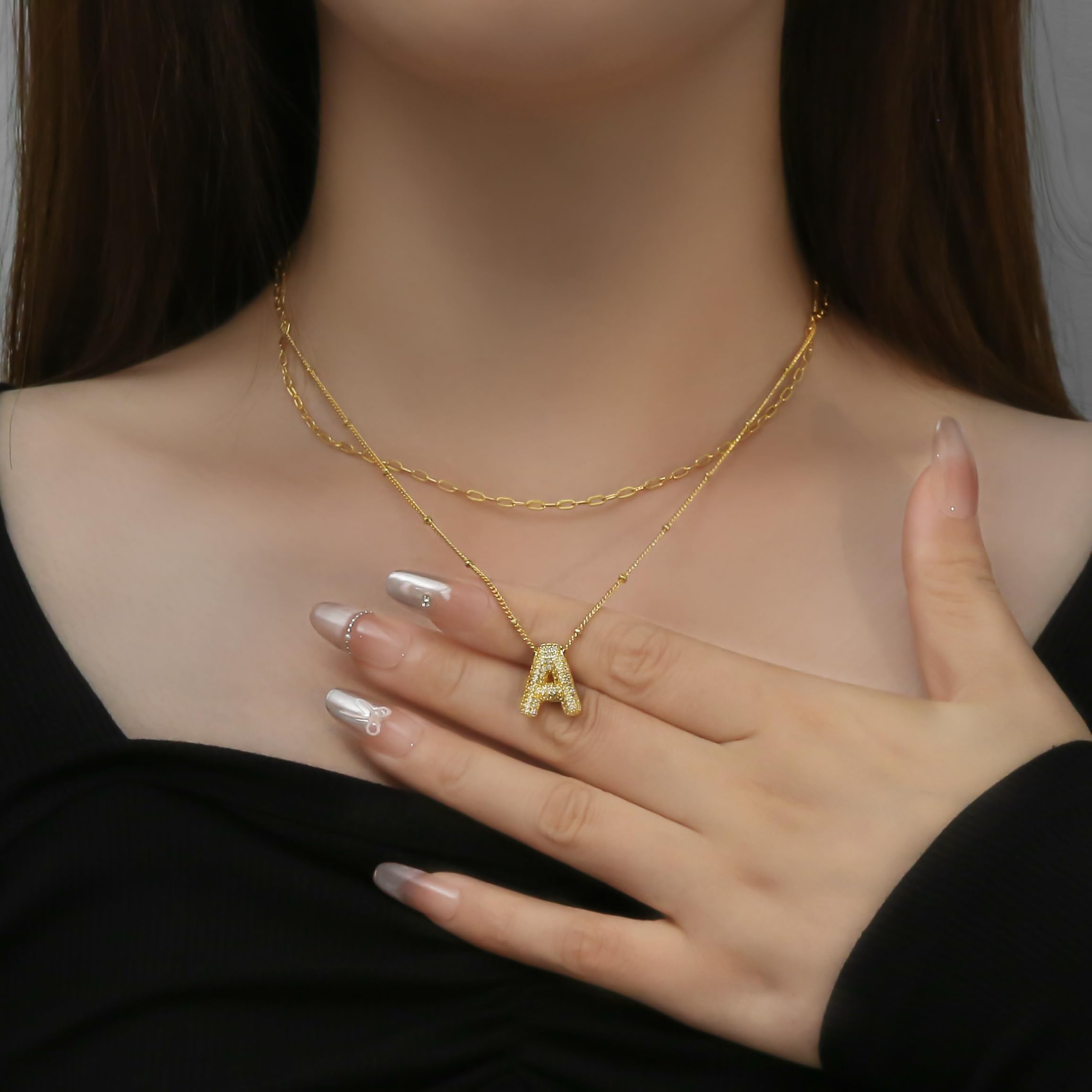 Tasunom Double Layer Initial Necklace, 14K Gold Plated, CZ Crystal Letter Pendant, A-Z Available (T, gold)
