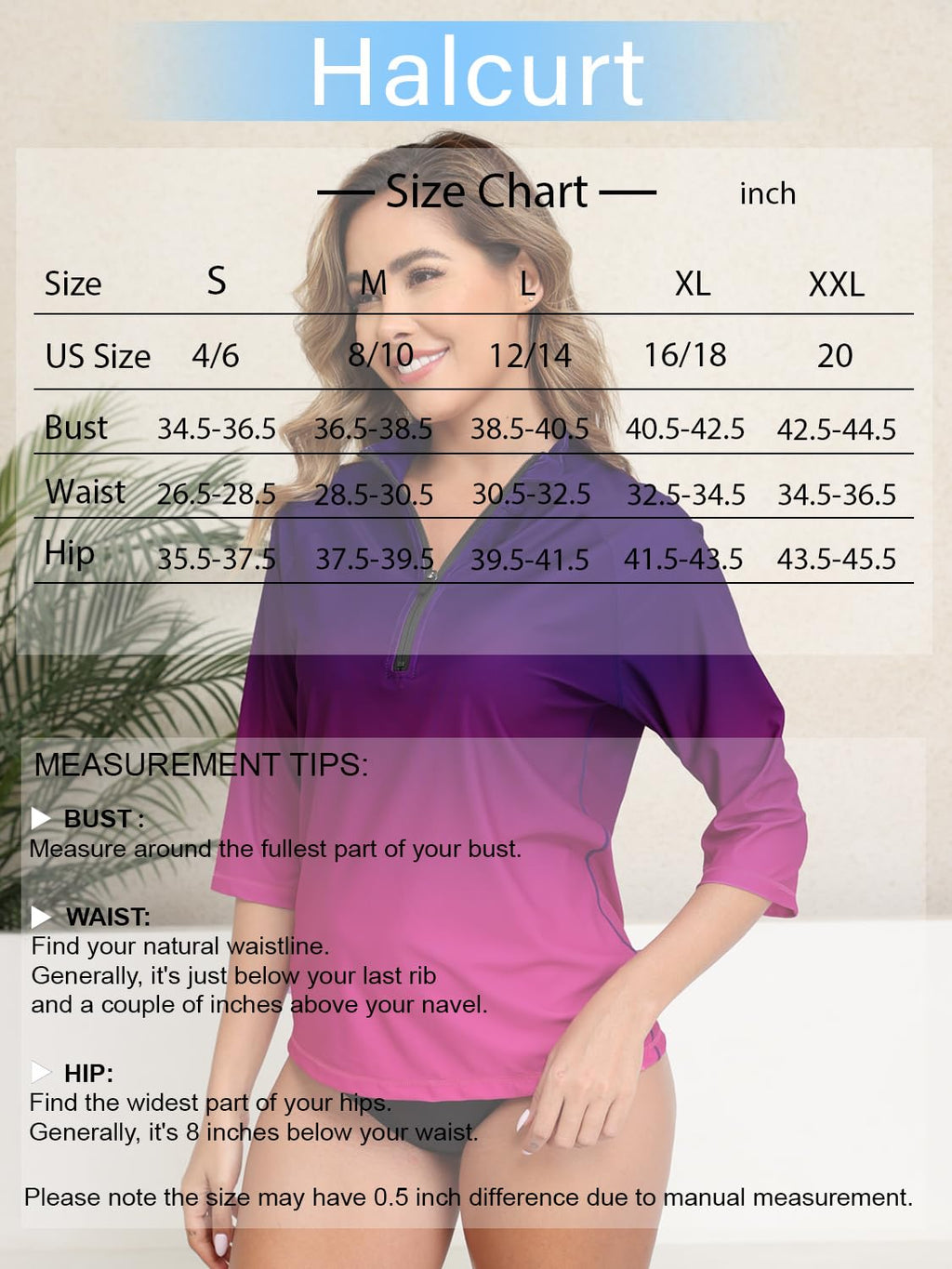 Halcurt Women's 3/4 Sleeve Rash Guard Swimsuit Top High Neck Half Zip Swim Shirt Only UPF50+ Quick Dry Bathing Suit Purple M