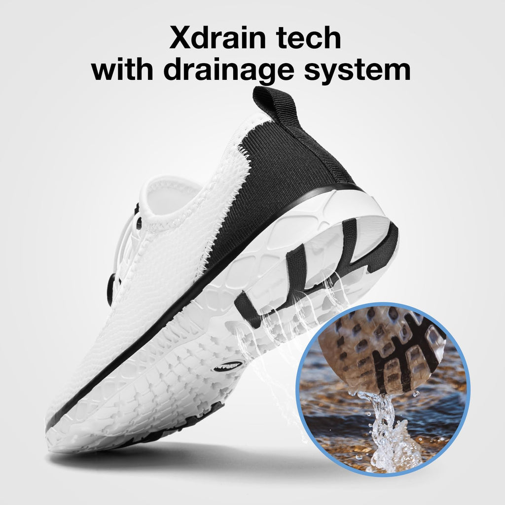 ALEADER Stylish Mens Water Shoes, Xdrain Water Sneakers, Quick-Dry Beach Aqua Hiking Pool Swim Shoes White/Black Size 10.5