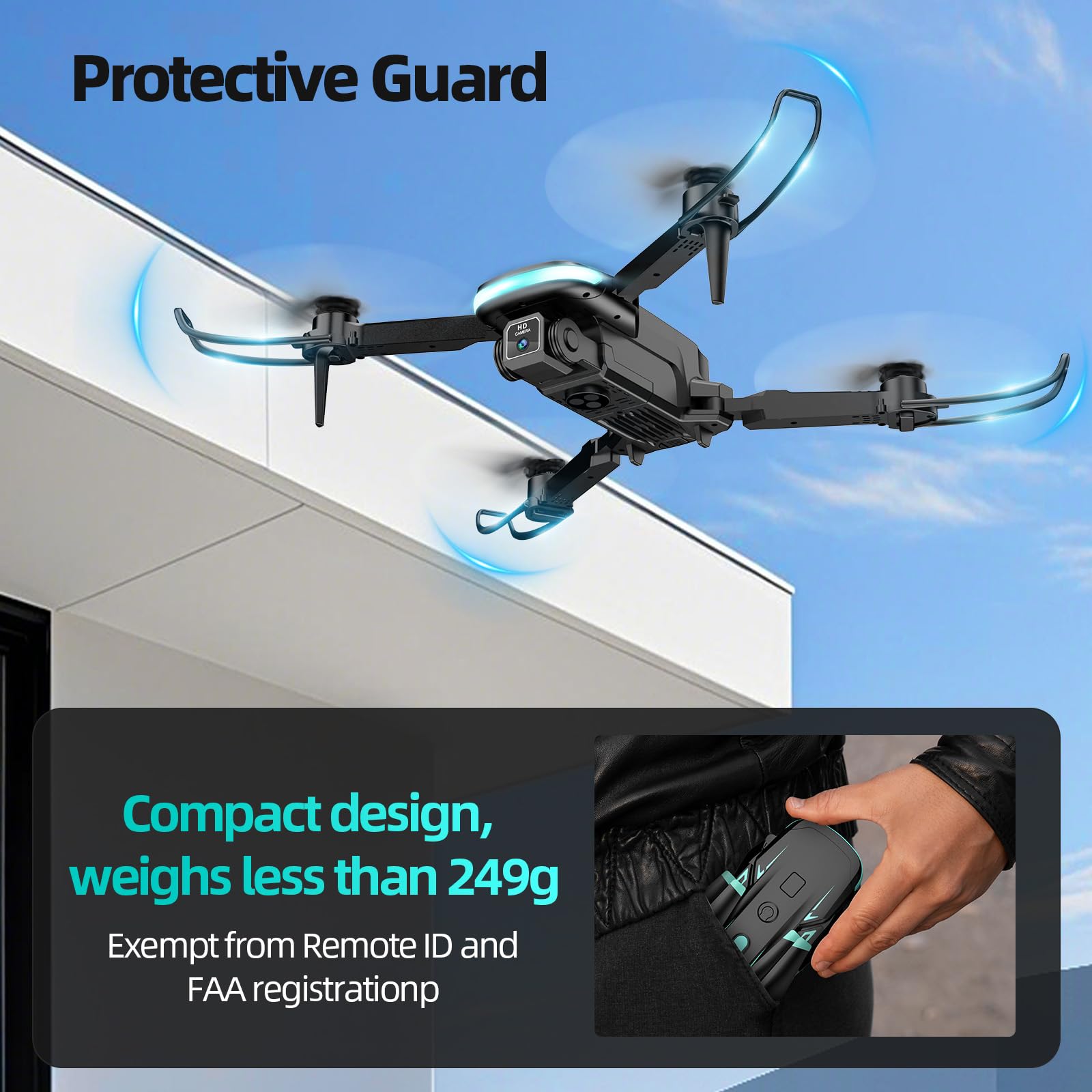 Drone with Camera 1080P HD, FPV Foldable Mini Drone for Beginners Kids Boys Girls, with 2 recharging Batteries, Carrying Case, One Key Start, Stable Hover, Trajectory Flight, Toys Gifts (Black)