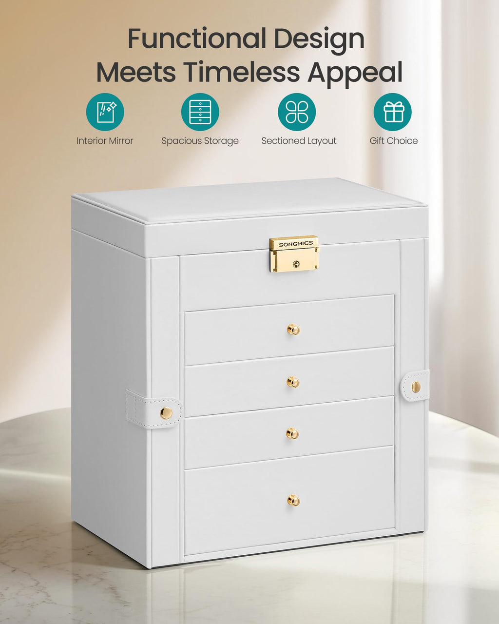 SONGMICS 5-Layer Jewelry Box Organizer with 4 Drawers, Jewelry Storage Case with Lock and Mirror, Large Storage Capacity, Gift for Loved Ones, for Necklaces, Watches, Cream White UJBC153WD01S