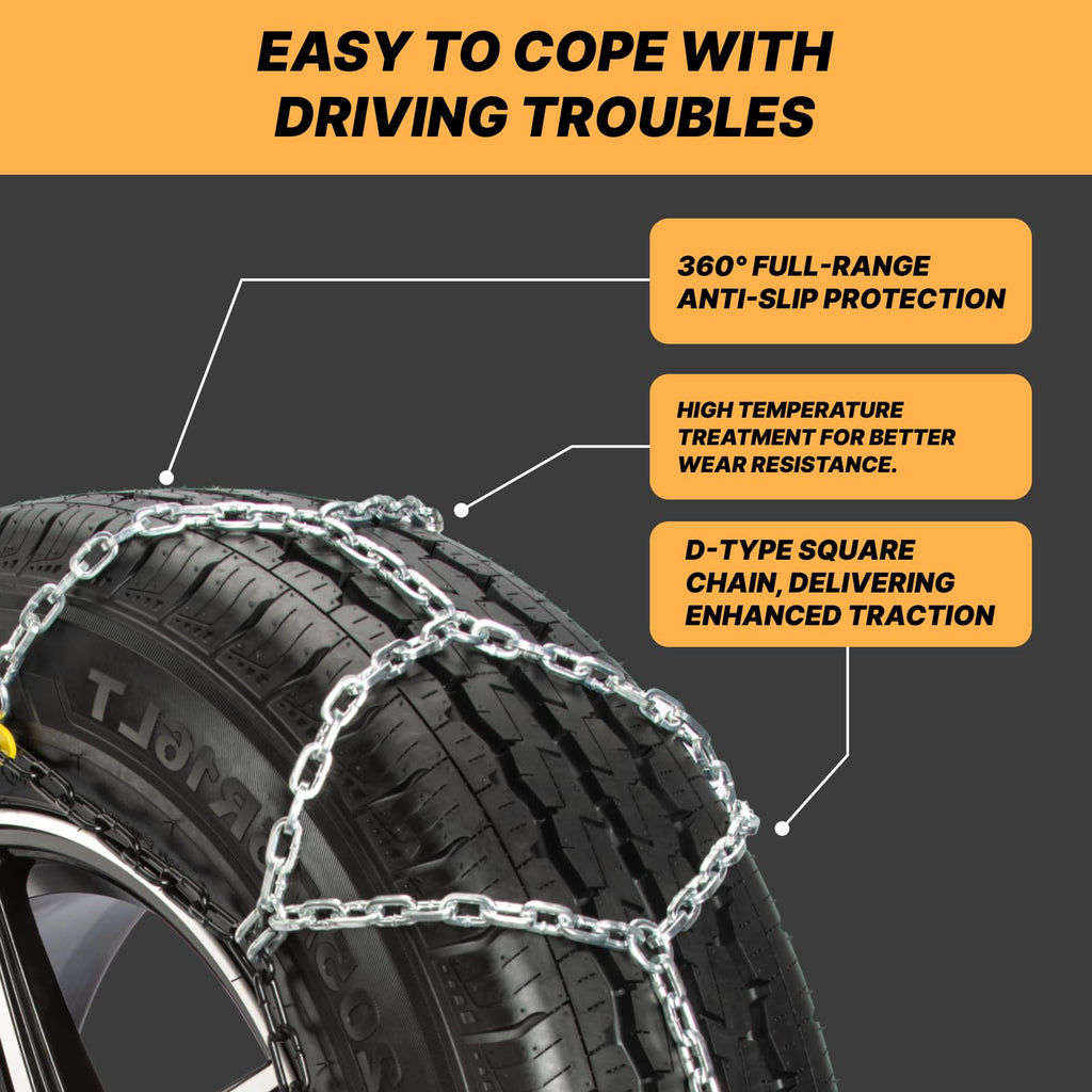 Auto Fixing Snow Chains for Car Tires, Tire Chains for Passenger Cars, Sedan, SUVs, Quick Fit & Easy Installation Snow Tire Chains, Portable Reusable Emergency Tire Traction Chain, Set of 2 (HPK-1553)