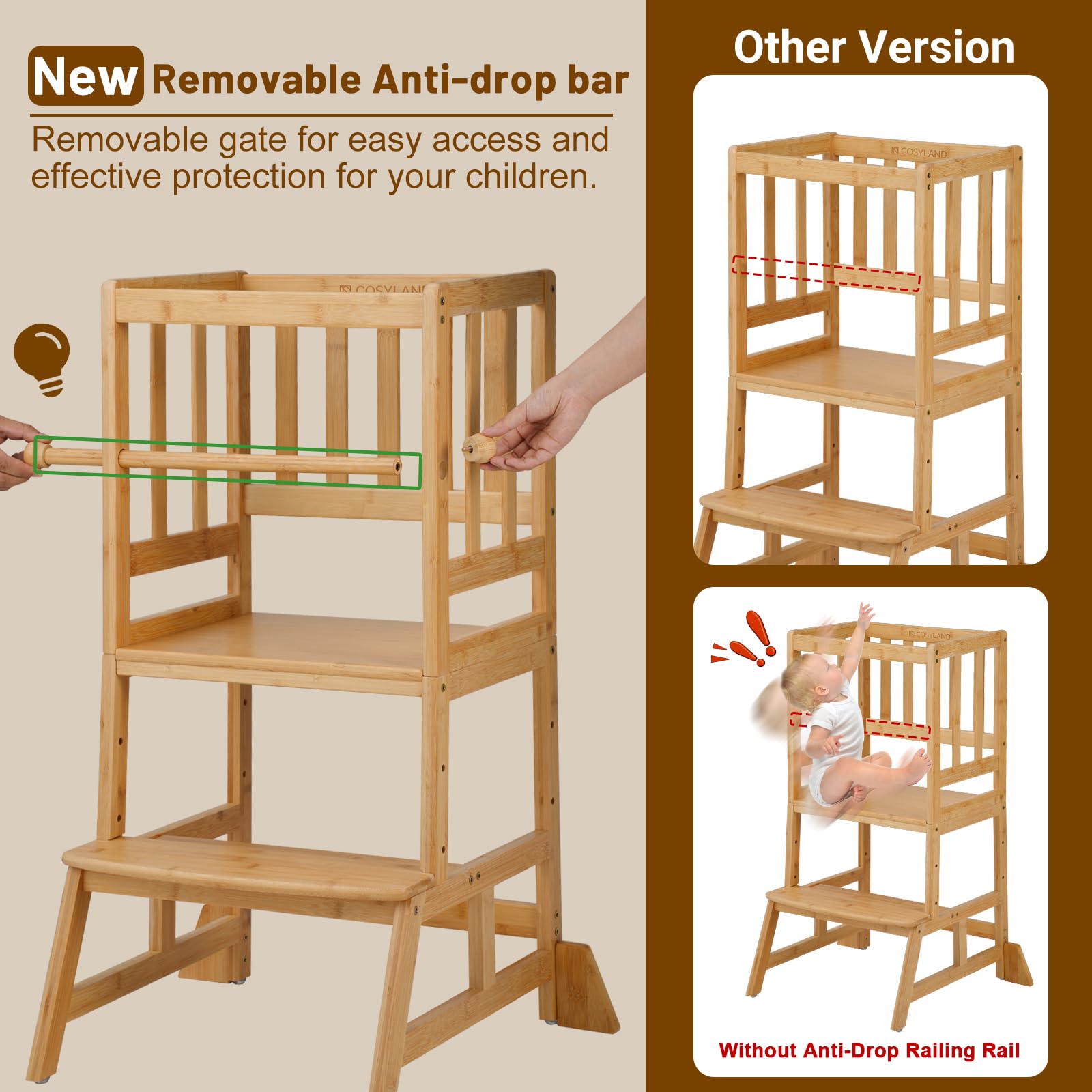 COSYLAND Toddler Standing Tower - Adjustable Height Toddler Kitchen Stool Helper - Kids Kitchen Step Stool for Learning with Removable Safety Railing Natural