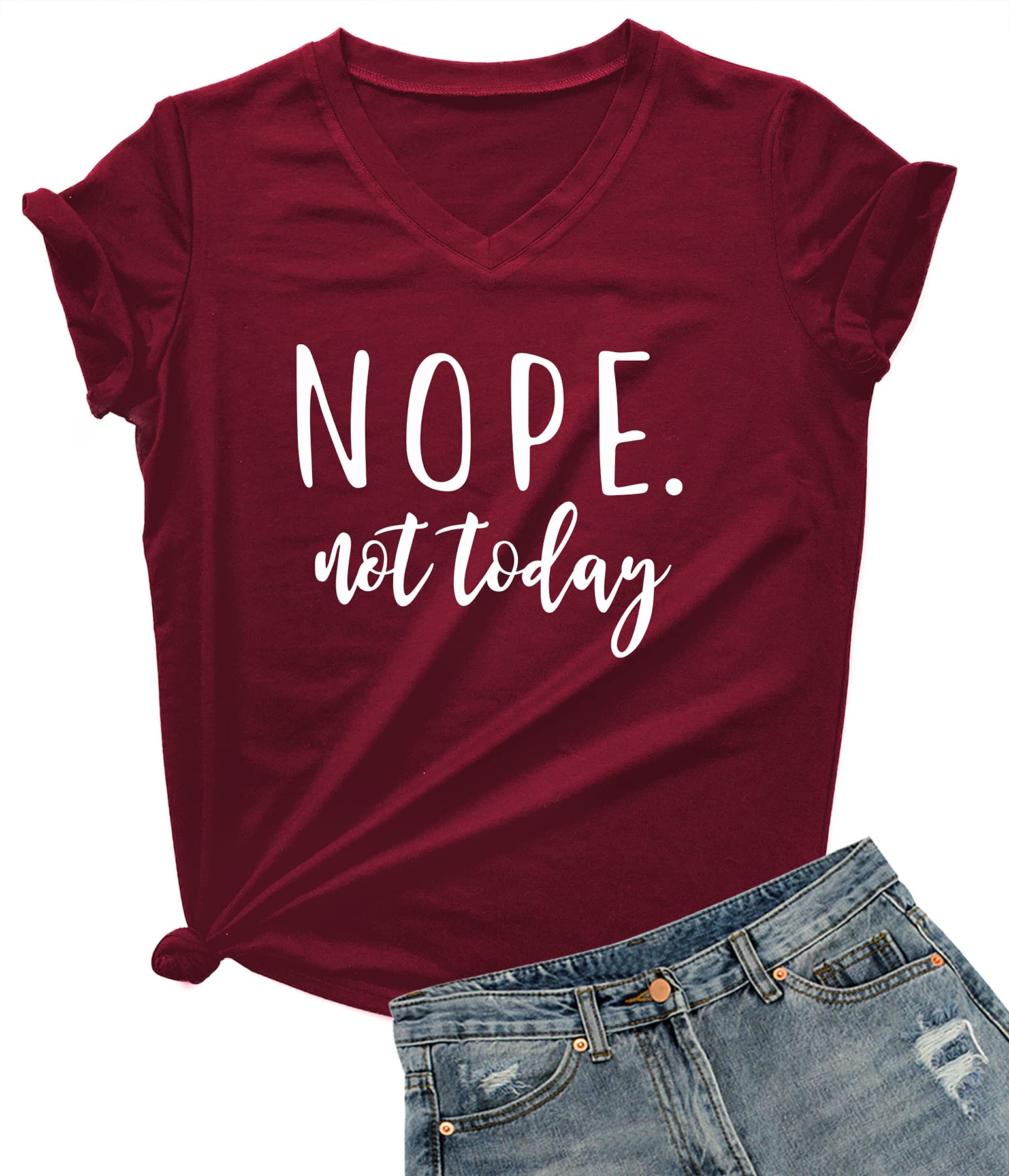 DANVOUY Women's V-Neck Nope Not Today Shirt Cute Tees Funny Letter Printed T Shirt Graphic Tops Wine Red Large