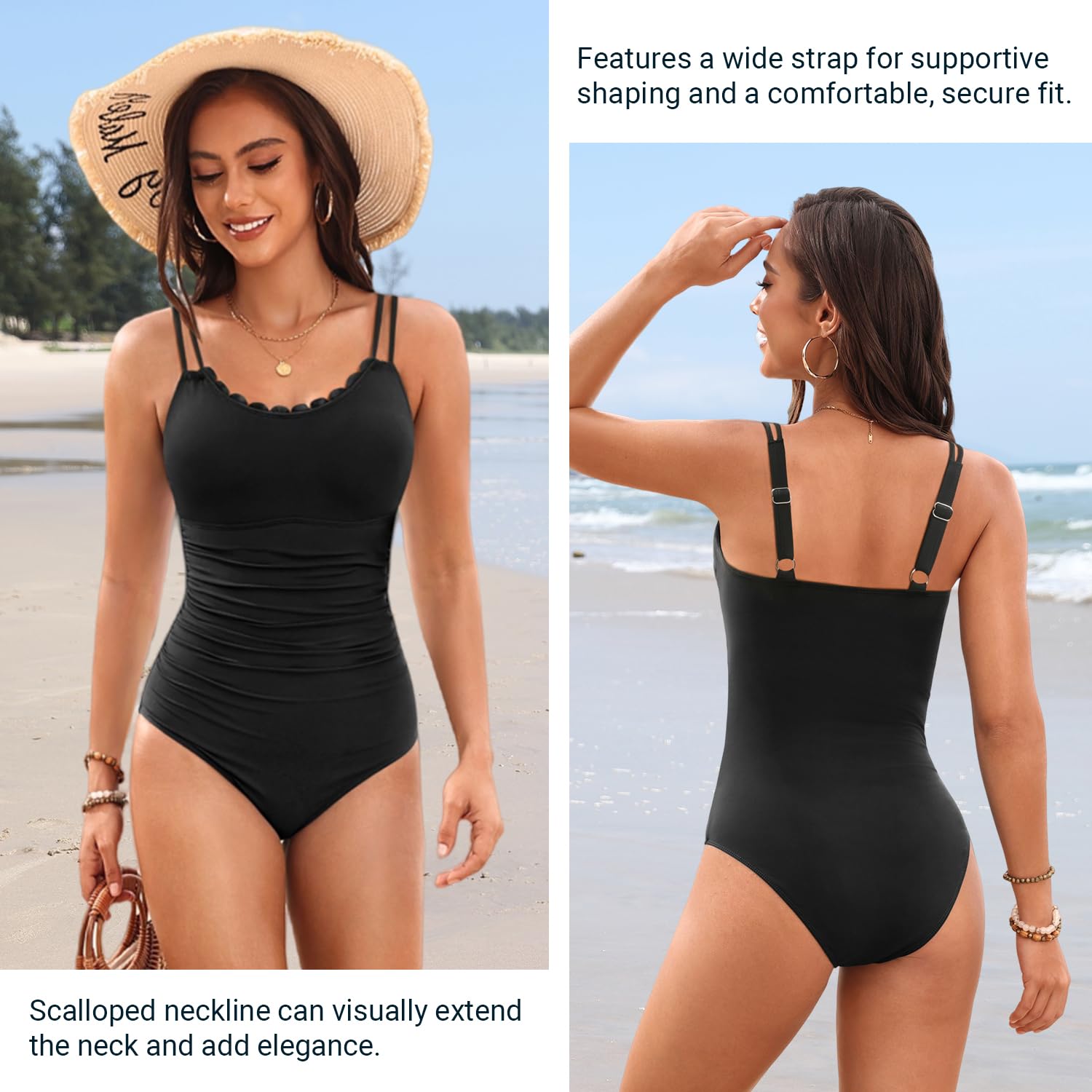 Daci Black Womens One Piece Swimsuit Tummy Control - Slimming Bathing Suit Scalloped Neck Swimwear 2026 M