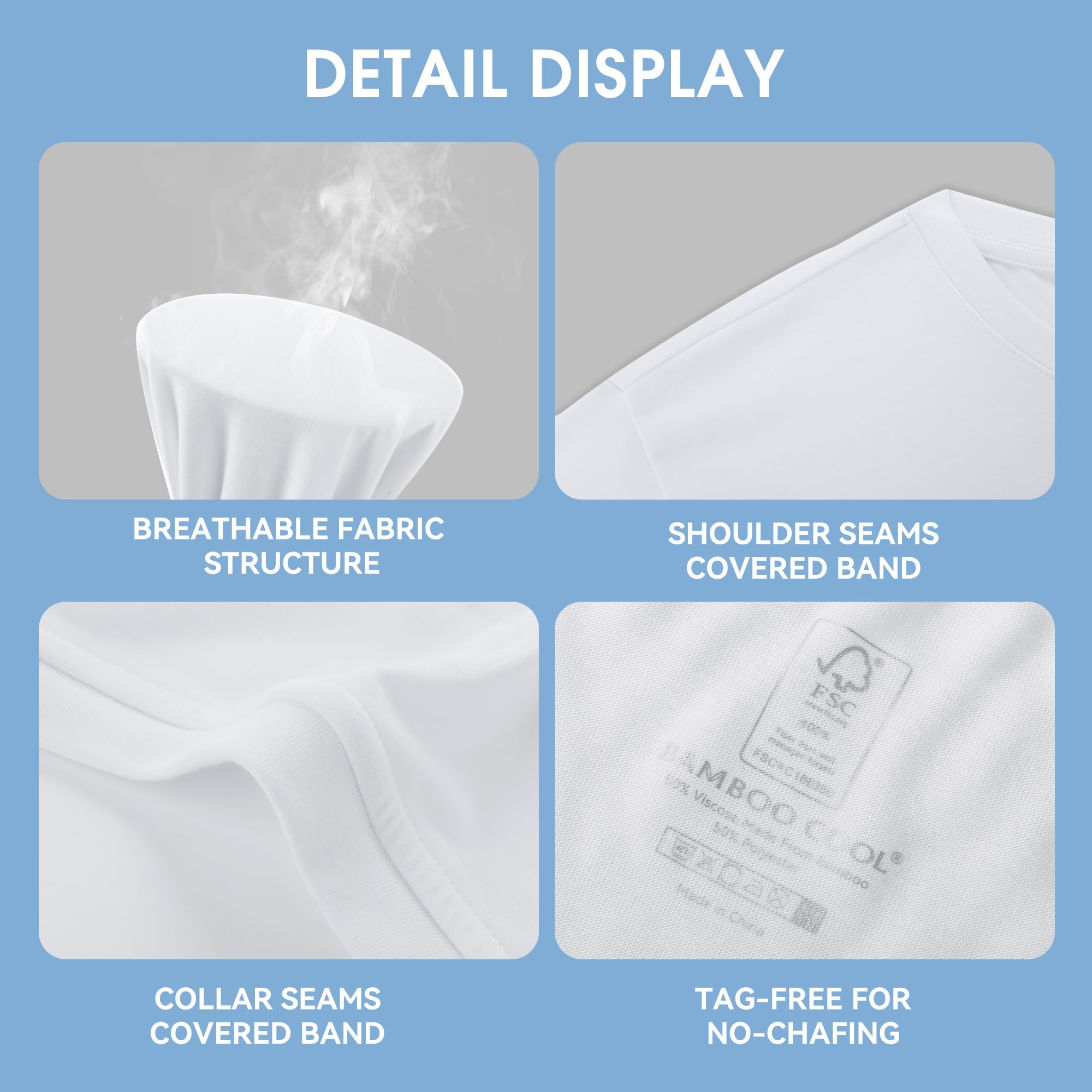 BAMBOO COOL Men's Undershirts Moisture Wicking Crewneck T Shirts, Breathable Stretch Soft Tees for Men, 6 Pack