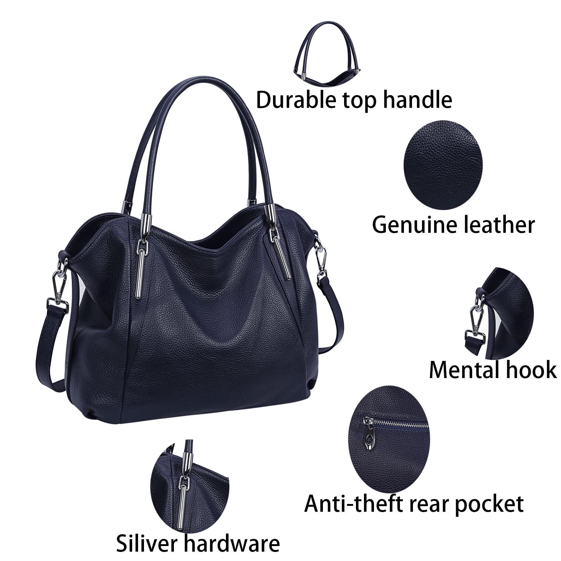 HESHE Genuine Leather Purses for Women Ladies Shoulder Handbags Top Handle Tote Bags Hobo Designer Satchel Crossbody Handbag (Navy Blue)