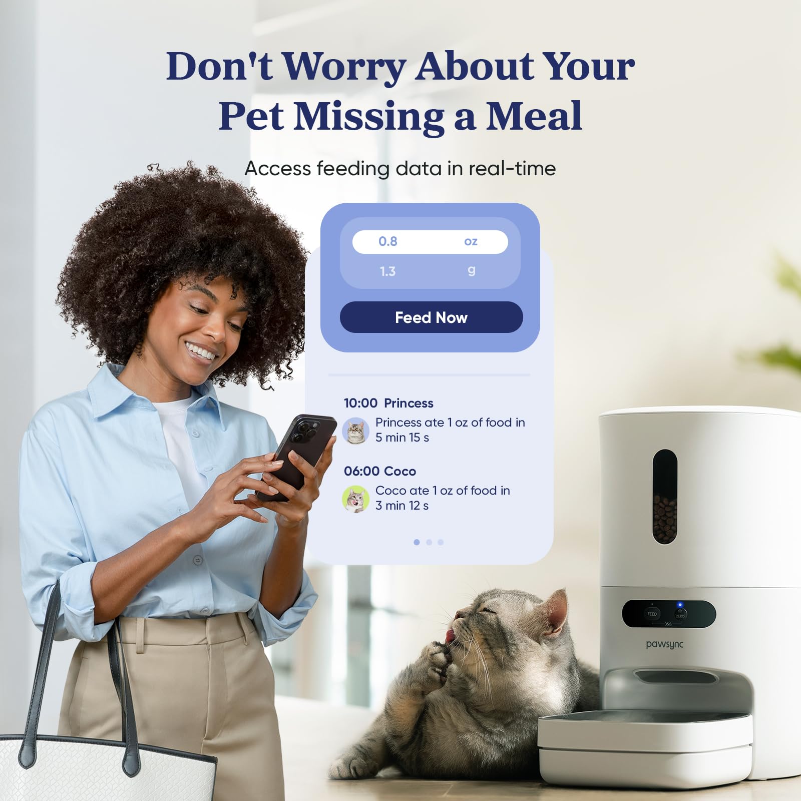 Pawsync Automatic Cat Feeder, WiFi Smart Scale Tracks Pet's Food Intake, App Control, 3.6L Timed Food Dispenser for Cats and Dogs, Up to 10 Meals Per Day, Stainless Steel Bowl, Dual Power Supply