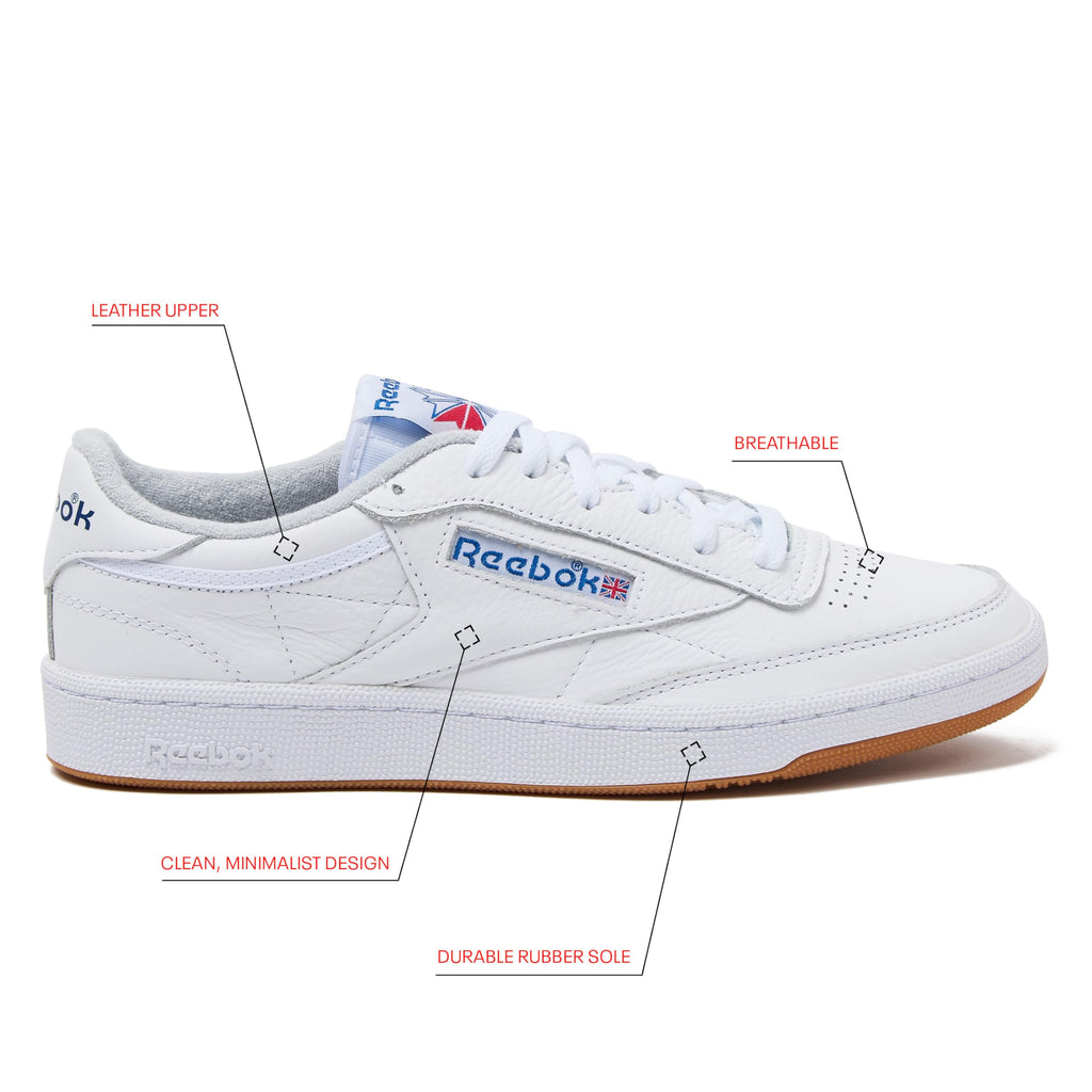 Reebok Club C 85 Mens Tennis Shoes, Casual Fashion White Sneakers for Men, Footwear White/Blue/Gum, 9.5