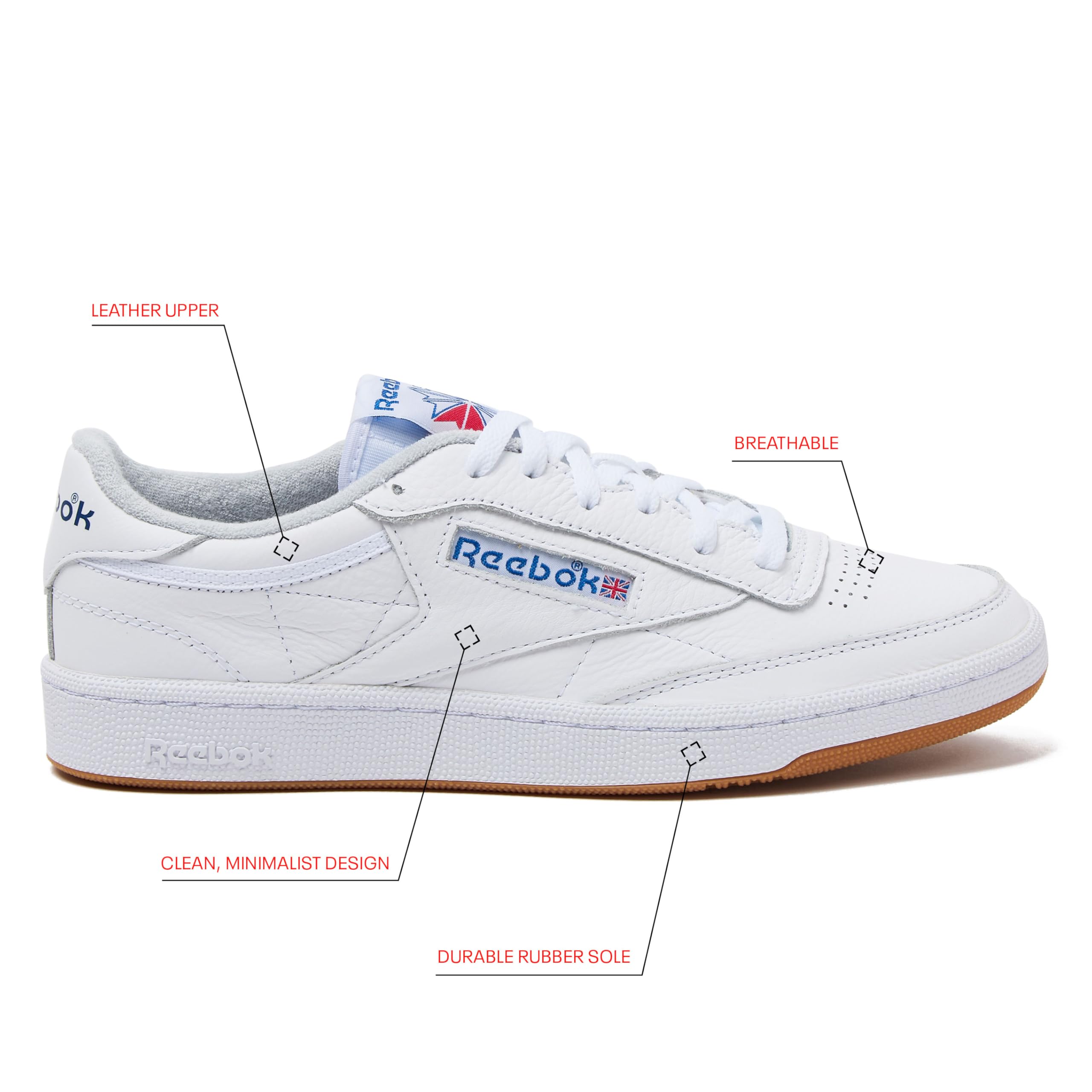 Reebok Club C 85 Mens Tennis Shoes, Casual Fashion White Sneakers for Men, Footwear White/Blue/Gum, 9.5