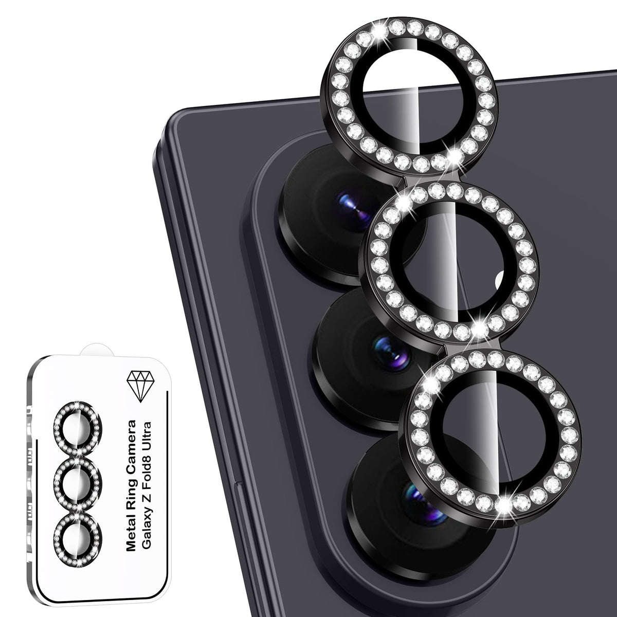 Avocase for Samsung Galaxy Z Fold 8 Ultra Camera Lens Protector, Individual Metal Ring Tempered Glass Lens Cover, [Strong Adsorption] Scratch Resistant Ultra-Thin HD Clear Lens Cover, 1 Set-Black Diamond