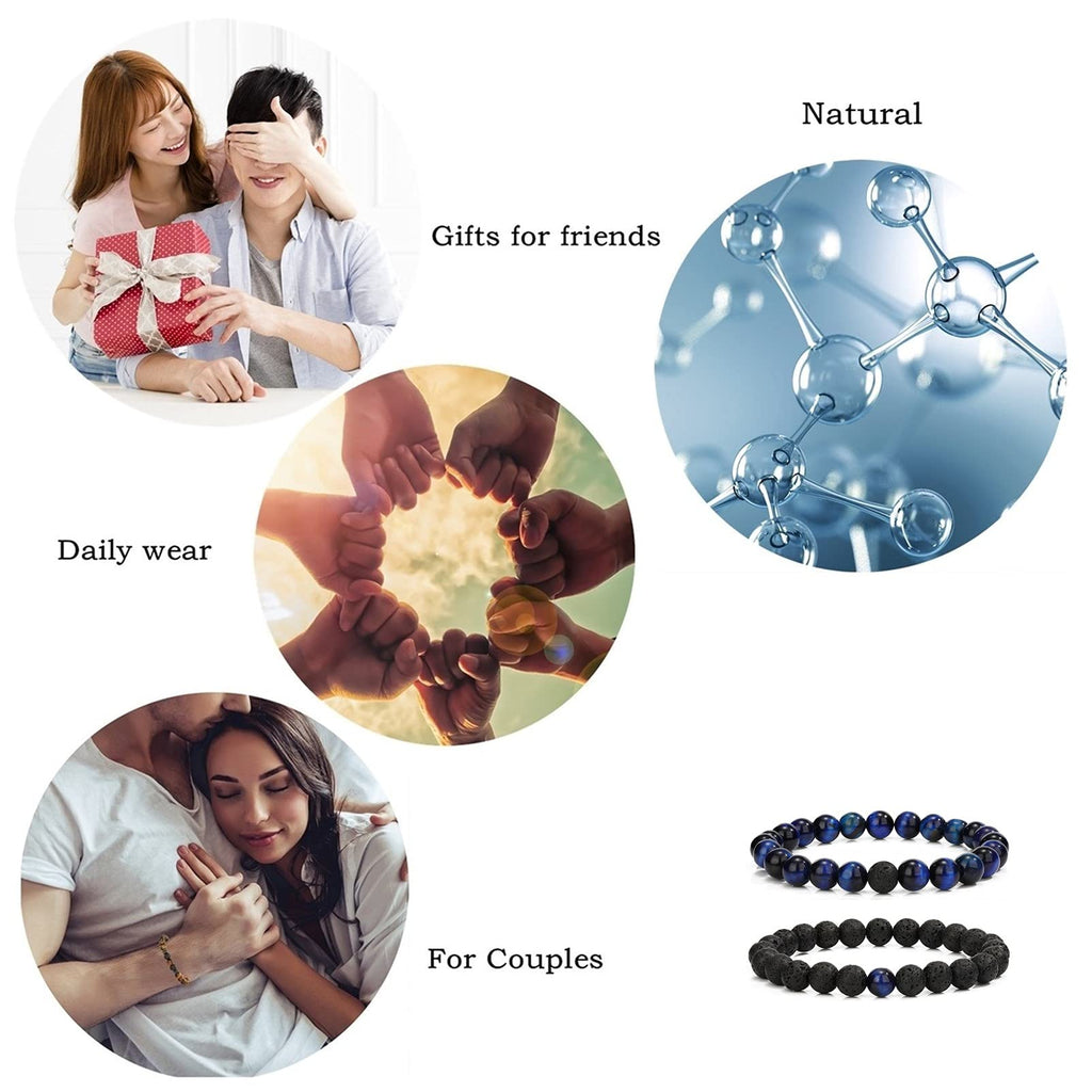 MengPa Mens Beaded Bracelets Couples Matching Bracelet Set Lava Rock Beads for Women Stone Jewelry(Tiger Eye-Blue) US4163T