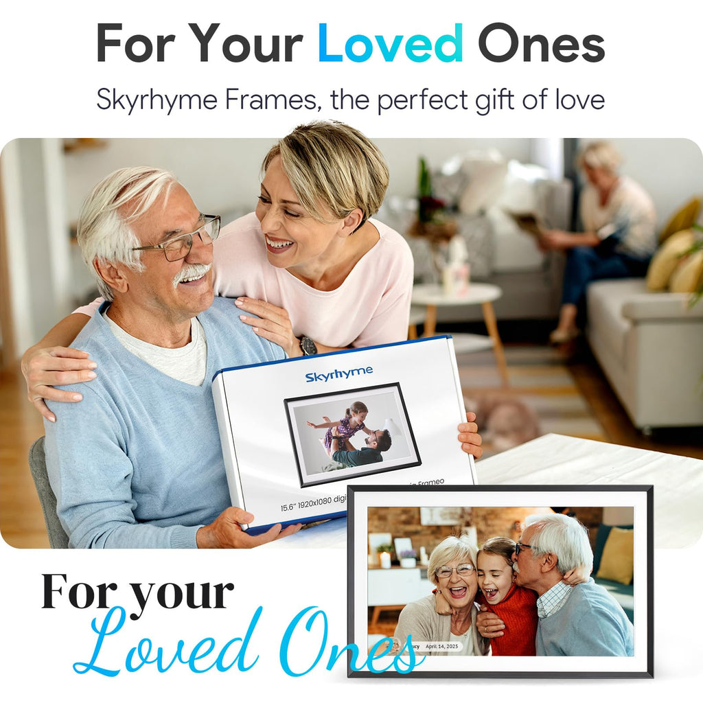 Skyrhyme 15.6'' Digital Picture Frame with 1920x1080 IPS Touch Screen, 32GB Frameo WiFi Digital Photo Frame, Share Photos/Videos and Send Best Wishes via Free App
