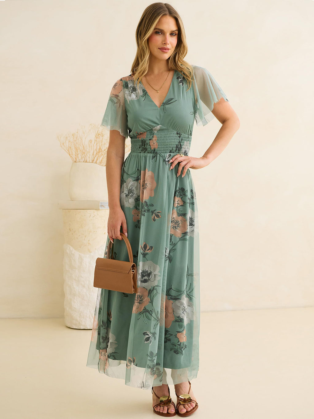 ANRABESS Women Summer Floral Maxi Dress Short Sleeve Boho Flowy Tulle Beach Vacation Wedding Guest 2026 Party Long Dresses Dusty Olive Floral Medium