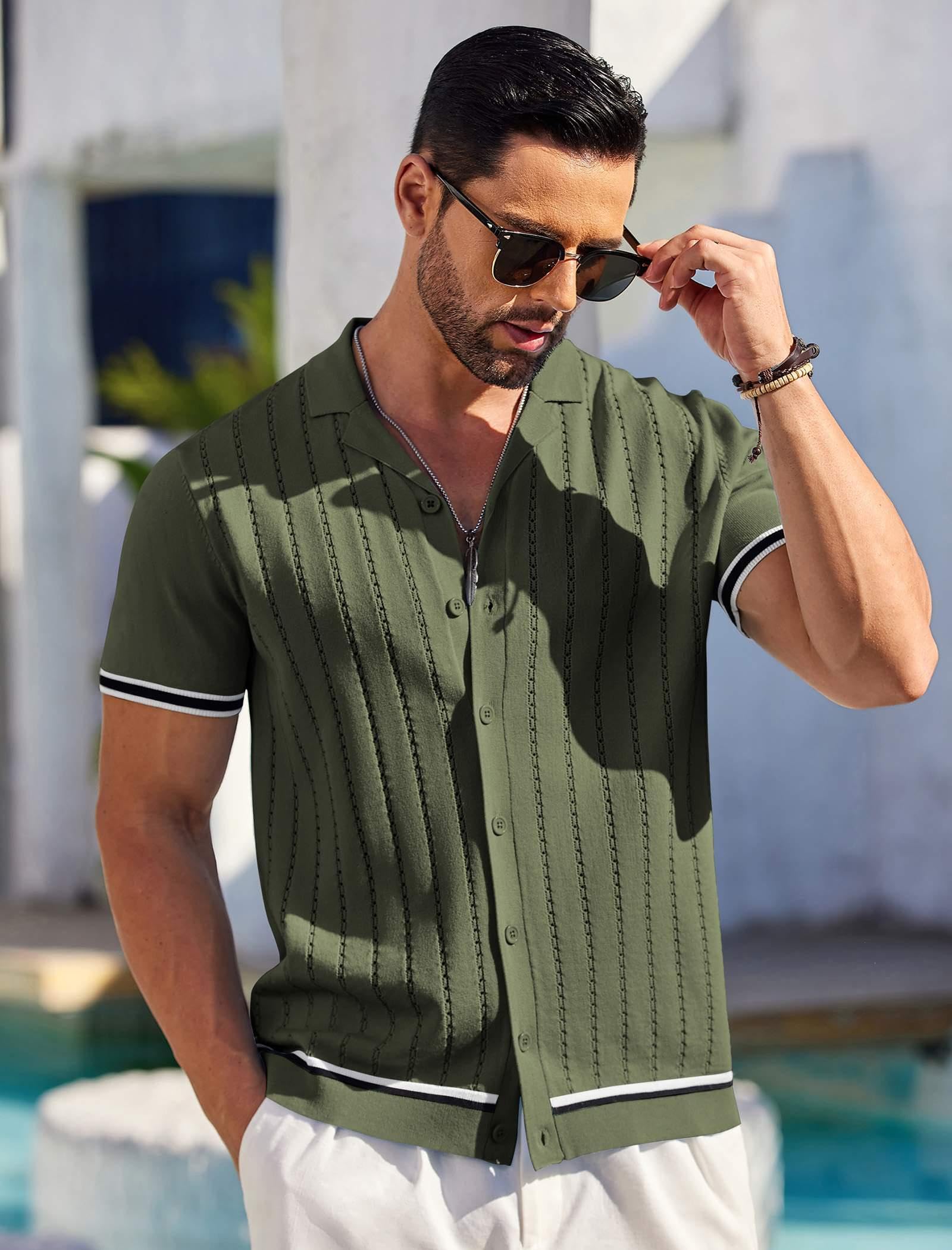 COOFANDY Mens Button Up Short Sleeve Knit Shirt Resort Wear for Men Vintage Old Money Shirt Army Green