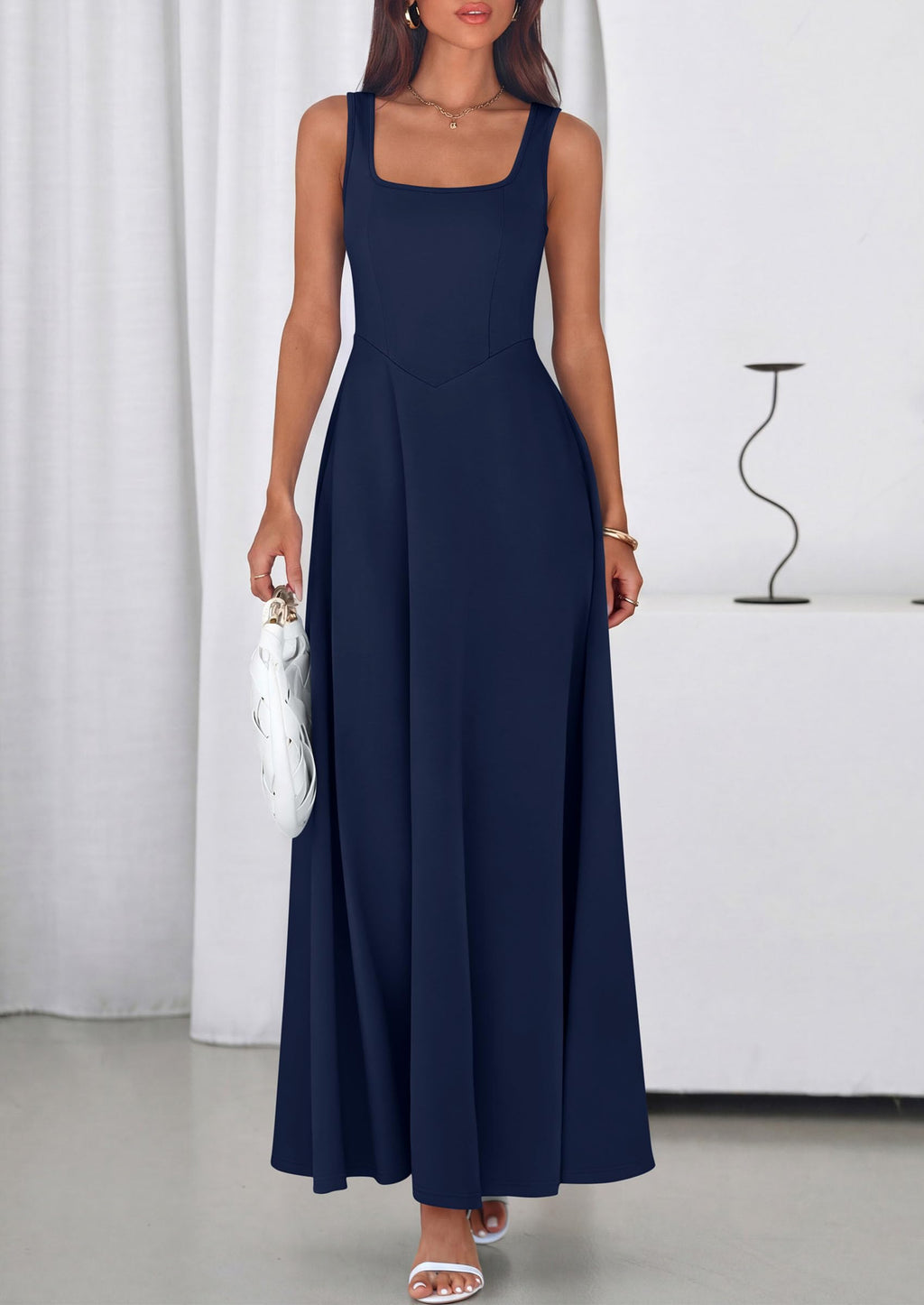 PRETTYGARDEN Womens Summer Dresses 2026 Sleeveless Elegant Square Neck Aline Swing Maxi Beach Wedding Guest Dress Pockets (Navy,Medium)