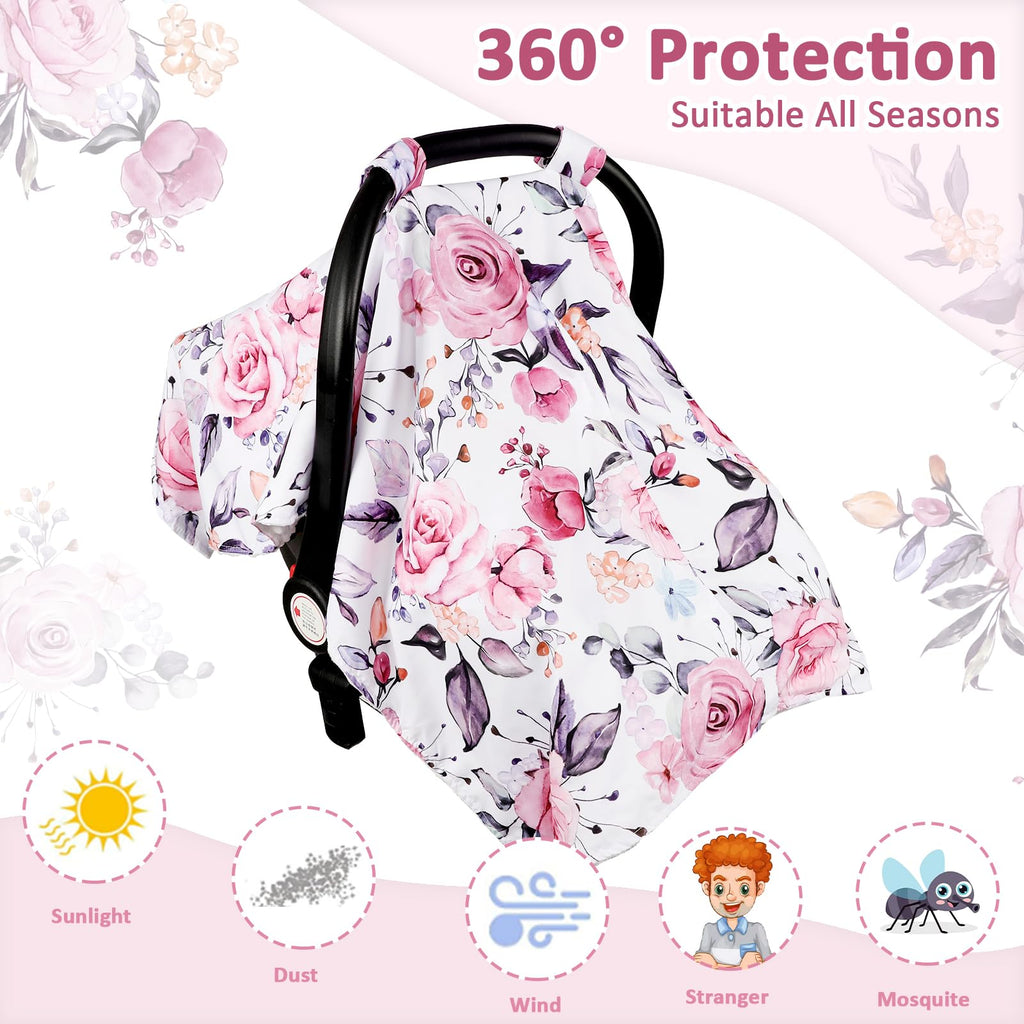 Baby Car Seat Cover, Breathable Infant Carseat Cover for Summer Peekaboo Opening Car Seat Canopy Cover, Nursing Cover for Baby Boys Girls (Pink Floral)