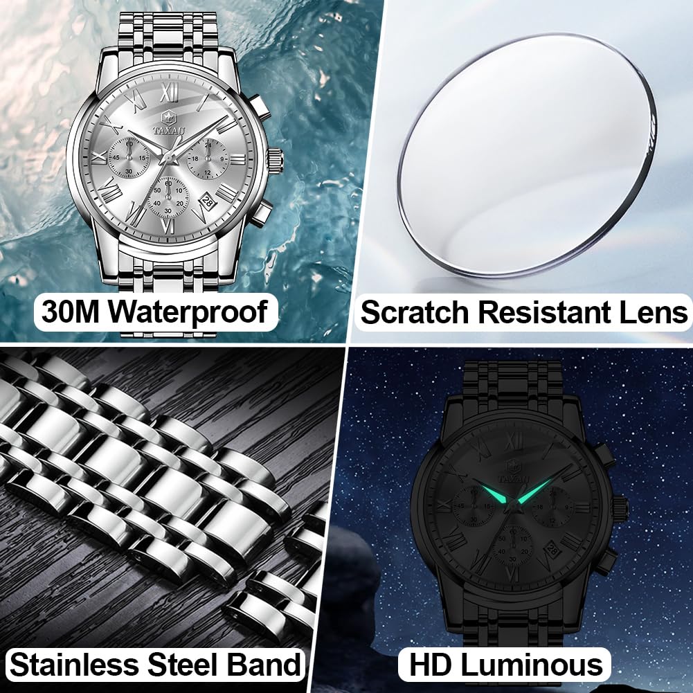 Taxau Silver Watches for Men Stainless Steel Chronograph White Face Multi-Function Men Wristwatch Analog Quartz Fashion Roman Numeral Date Men's Dress Watches Water Resistant Luminous Watch