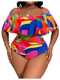 WDIRARA Women's Plus Size One Piece Swimsuit Color Block Ruffle Cold Shoulder Swimwear Multicolor X-Large Plus